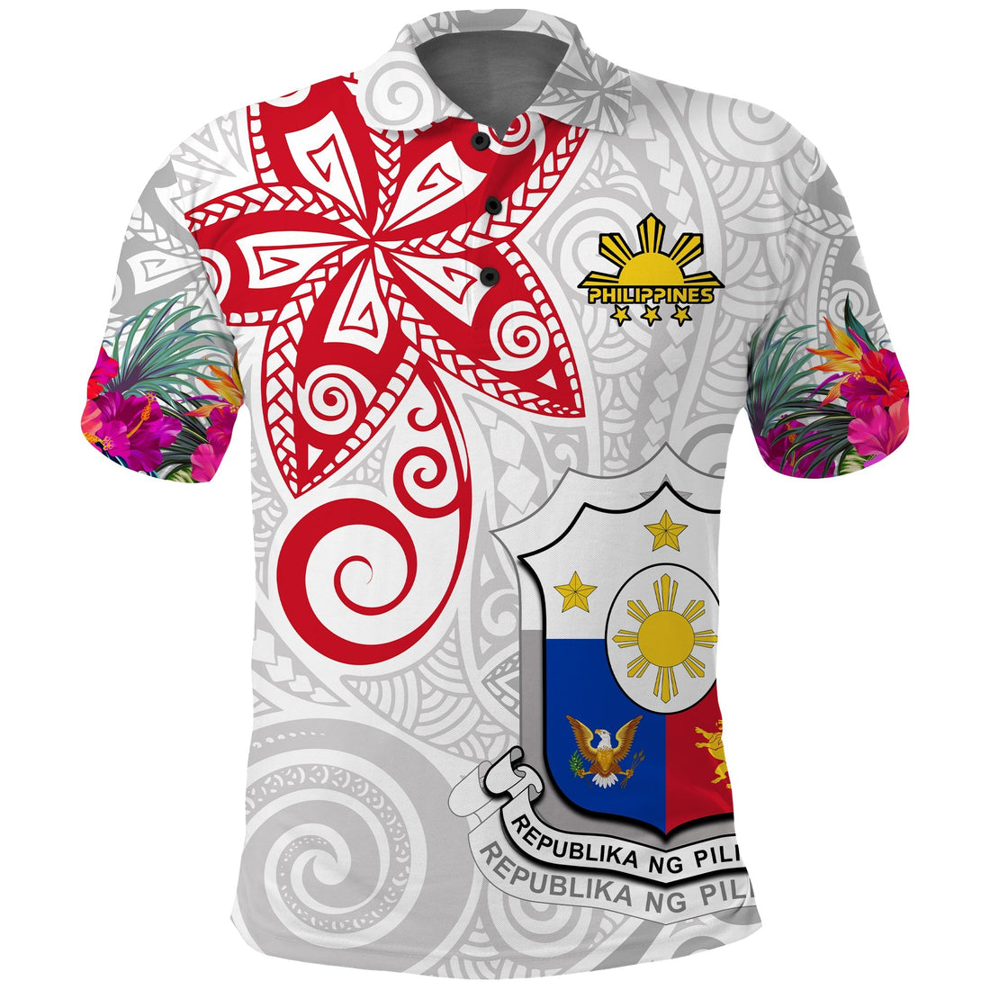 Custom Philippines Polo Shirt Sun Filipino Polynesian mix Flowers White Vibe LT13