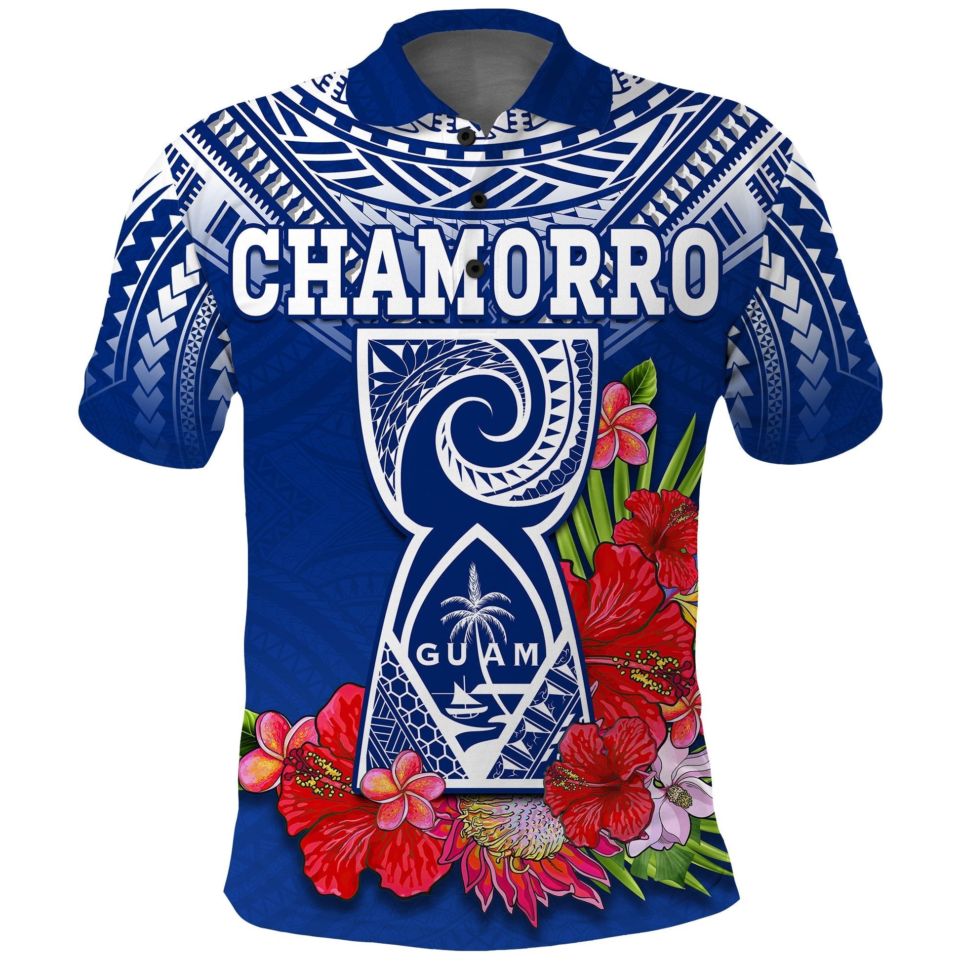 Custom Chamorro Guam Polo Shirt Guaman Latte Stone Tropical Flowers Blue Version LT14
