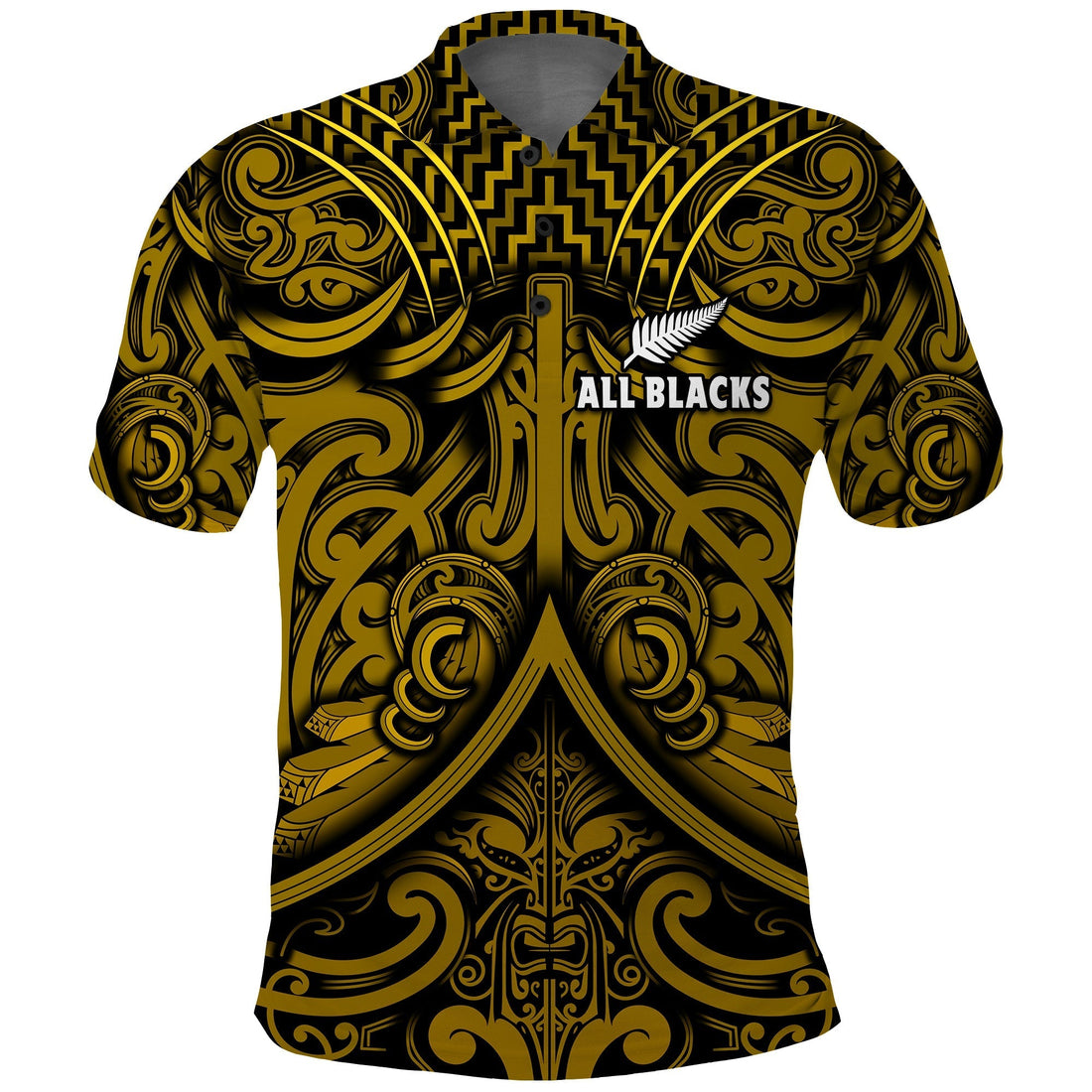 New Zealand Silver Fern Rugby Polo Shirt All Black Gold NZ Maori Pattern LT13