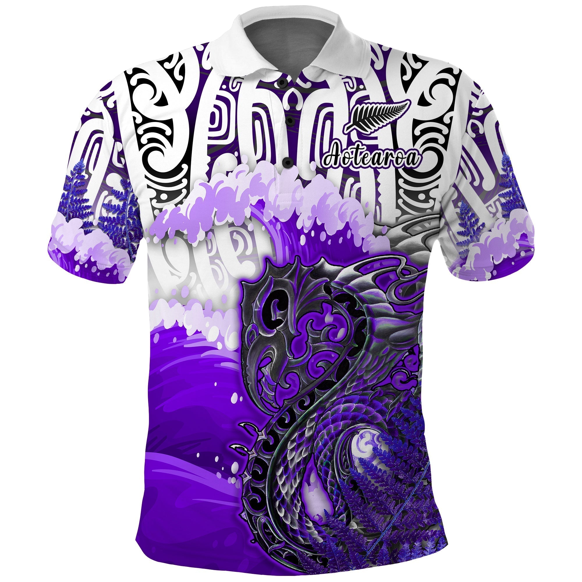 Custom Manaia Maori Polo Shirt Fern Aotearoa Purple Waves LT13