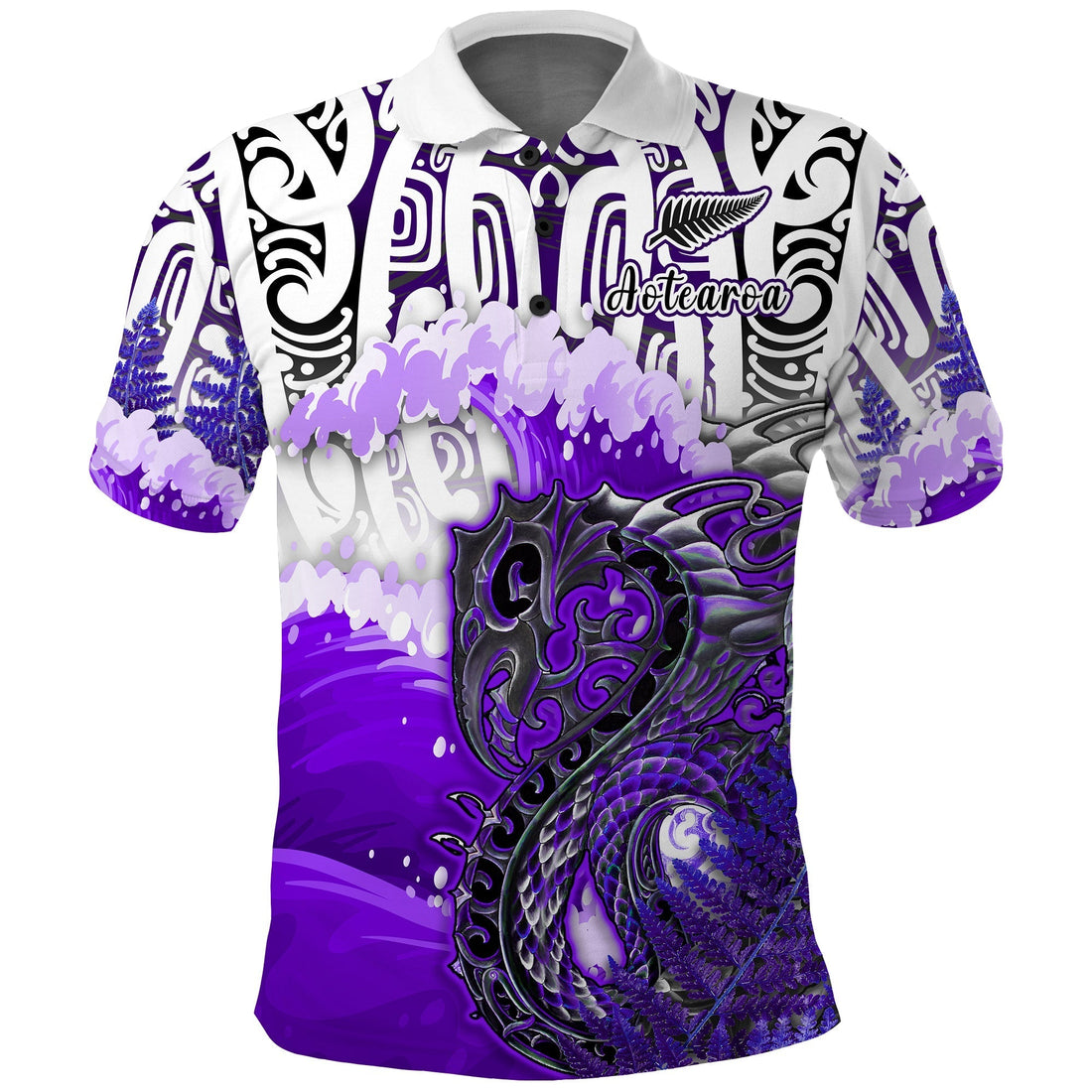 Custom Manaia Maori Polo Shirt Fern Aotearoa Purple Waves LT13