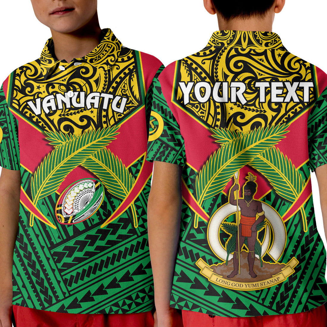 Custom Vanuatu Rugby Polo Shirt KID Coat Of Arms Polynesian Pattern LT14