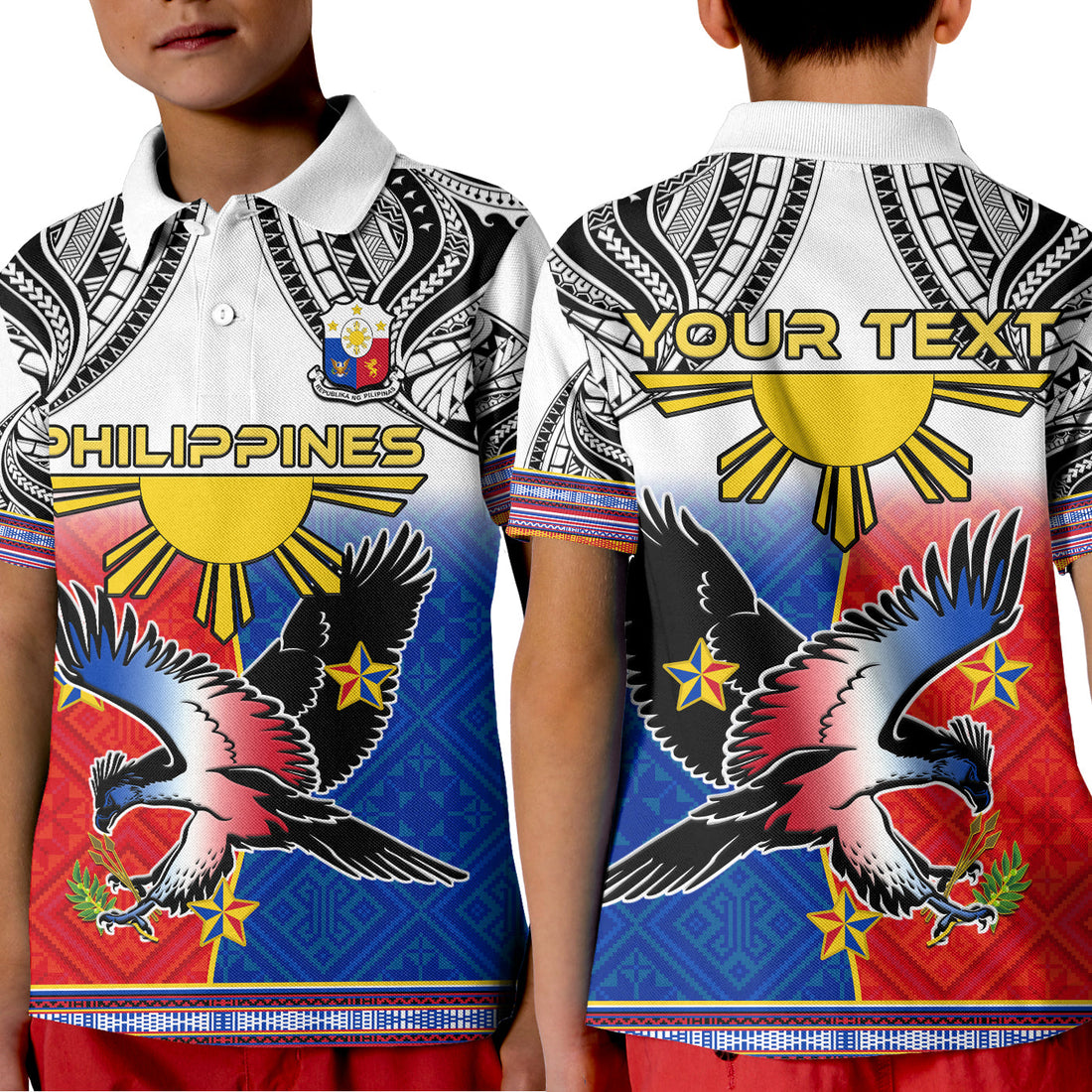 Custom Philippines Polo Shirt KID Polynesian Filipino Pattern With Eagle LT14