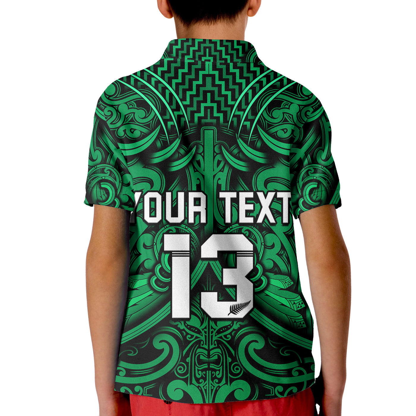 Custom Text and Number New Zealand Silver Fern Rugby Polo Shirt All Black Green NZ Maori Pattern LT13