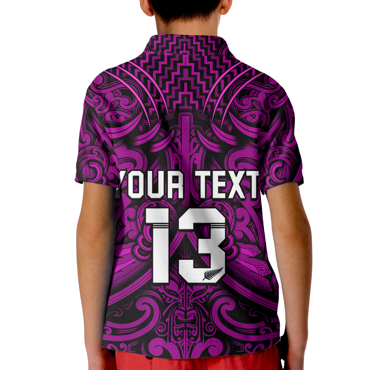 Custom Text and Number New Zealand Silver Fern Rugby Polo Shirt All Black Purple NZ Maori Pattern LT13
