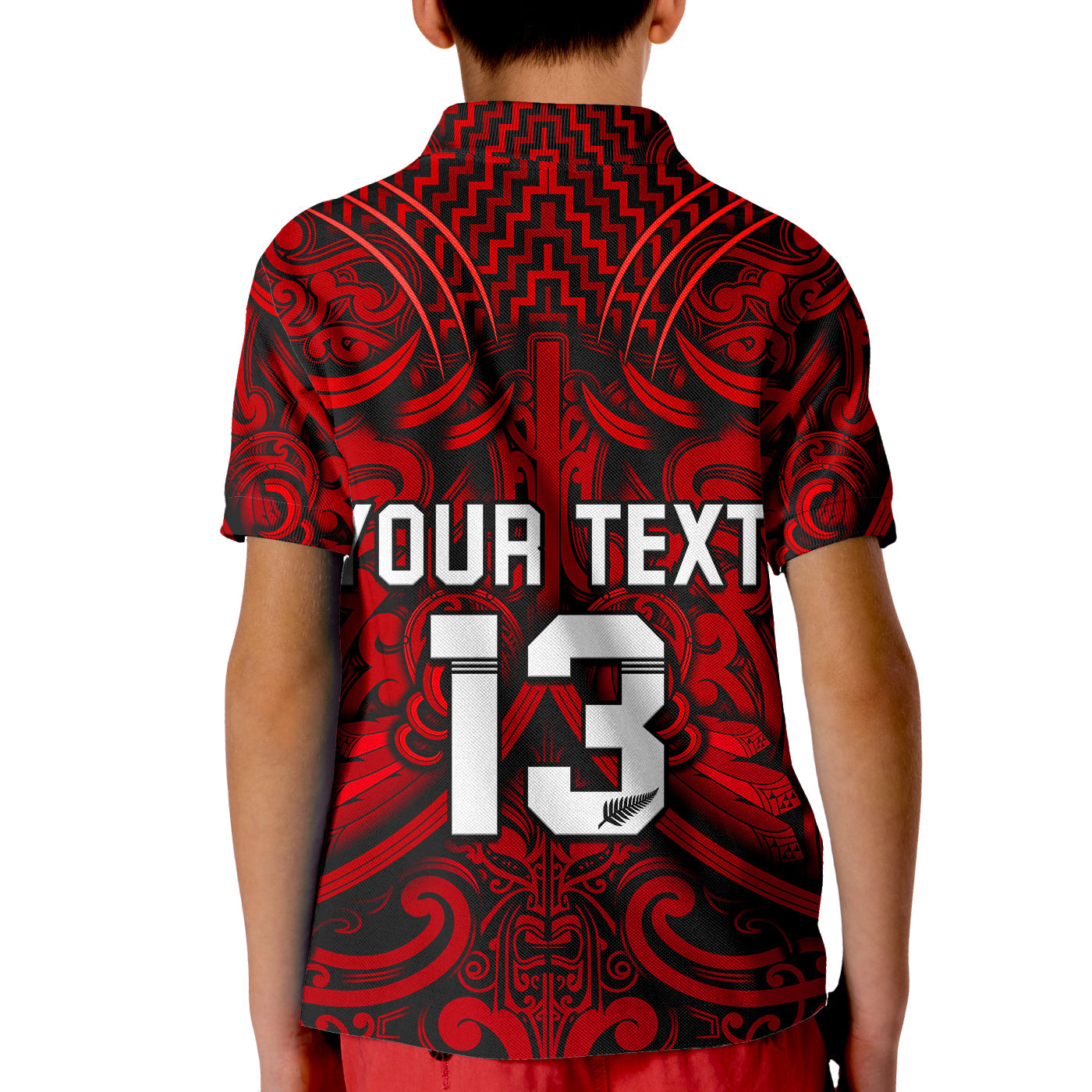 Custom Text and Number New Zealand Silver Fern Rugby Polo Shirt All Black Red NZ Maori Pattern LT13