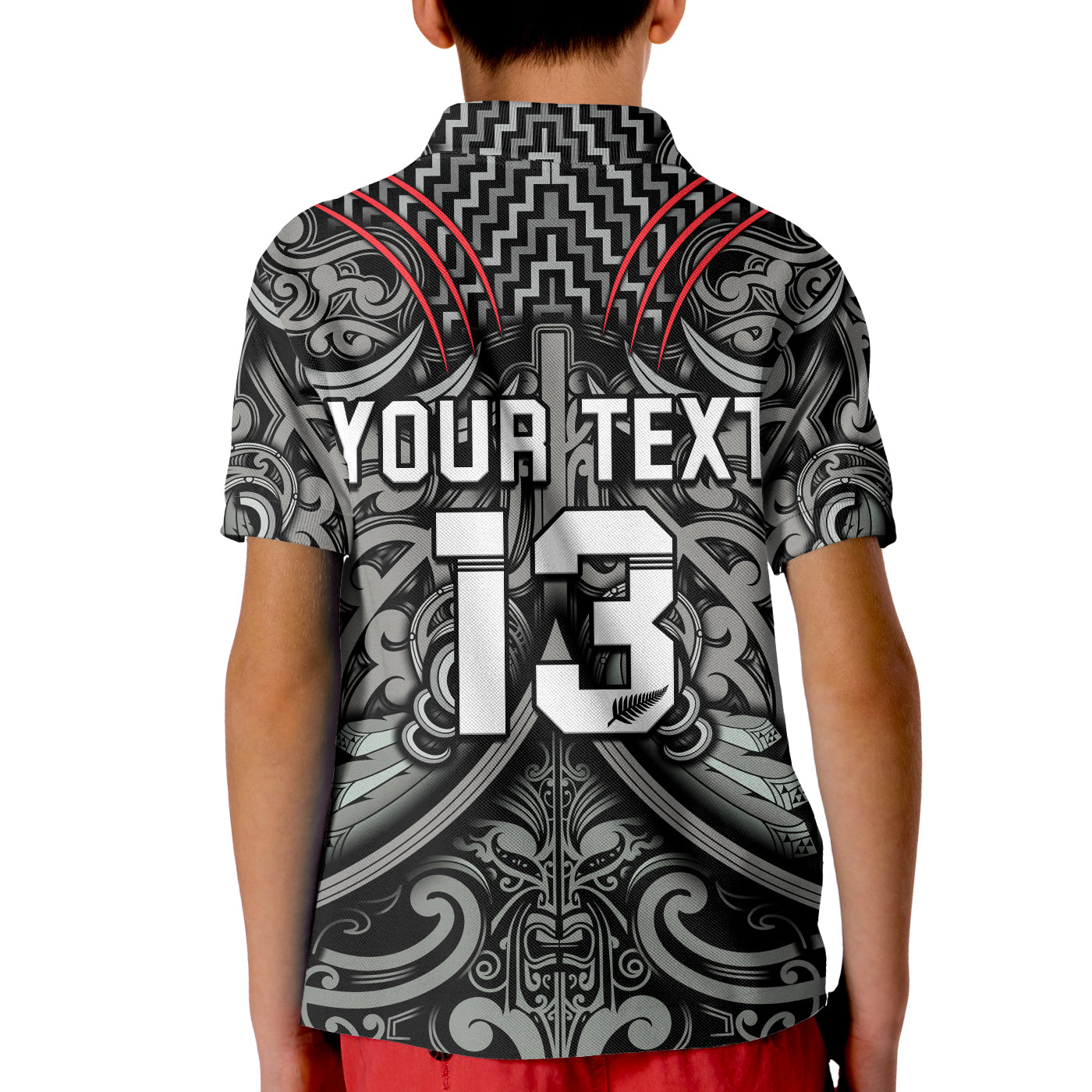 Custom Text and Number New Zealand Silver Fern Rugby Polo Shirt All Black NZ Maori Pattern LT13
