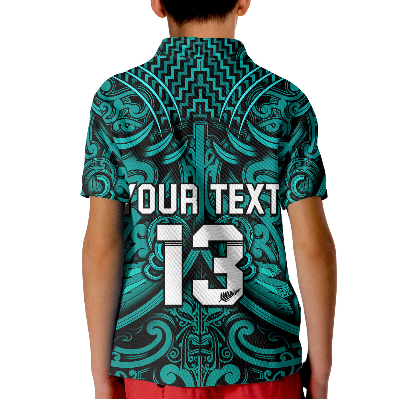 Custom Text and Number New Zealand Silver Fern Rugby Polo Shirt All Black Turquoise NZ Maori Pattern LT13