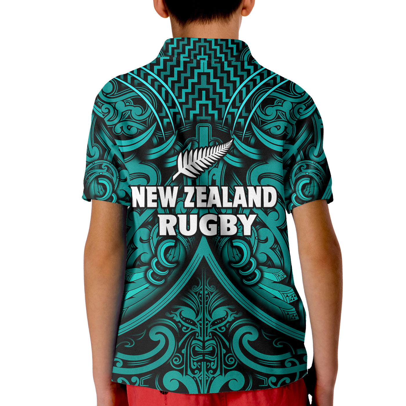 New Zealand Silver Fern Rugby Polo Shirt All Black Turquoise NZ Maori Pattern LT13