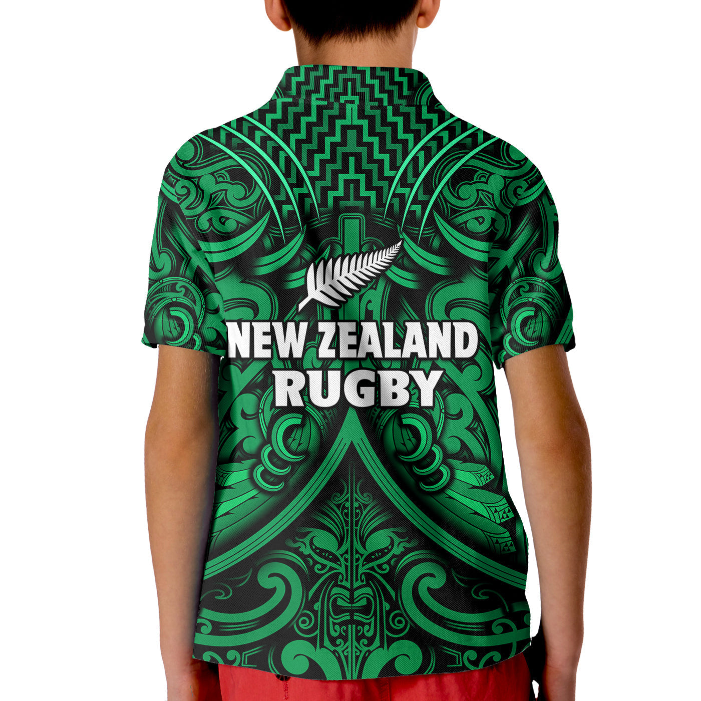 New Zealand Silver Fern Rugby Polo Shirt All Black Green NZ Maori Pattern LT13