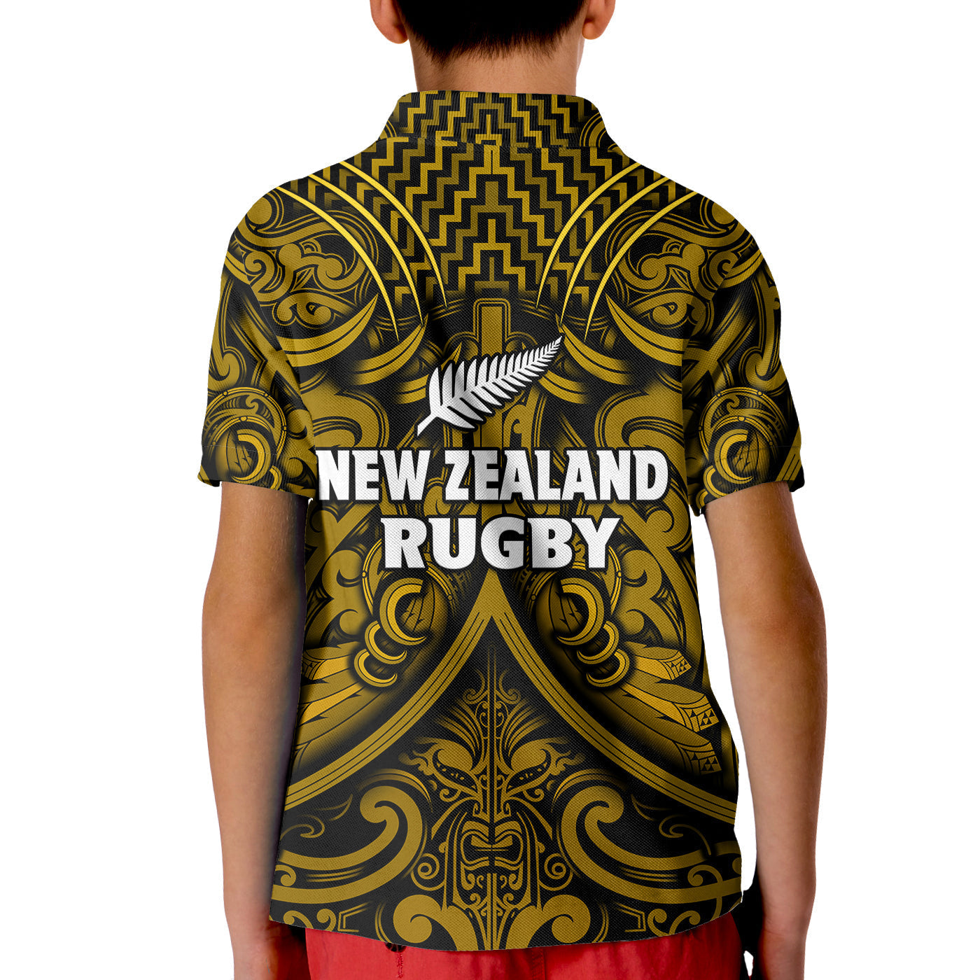 New Zealand Silver Fern Rugby Polo Shirt All Black Gold NZ Maori Pattern LT13