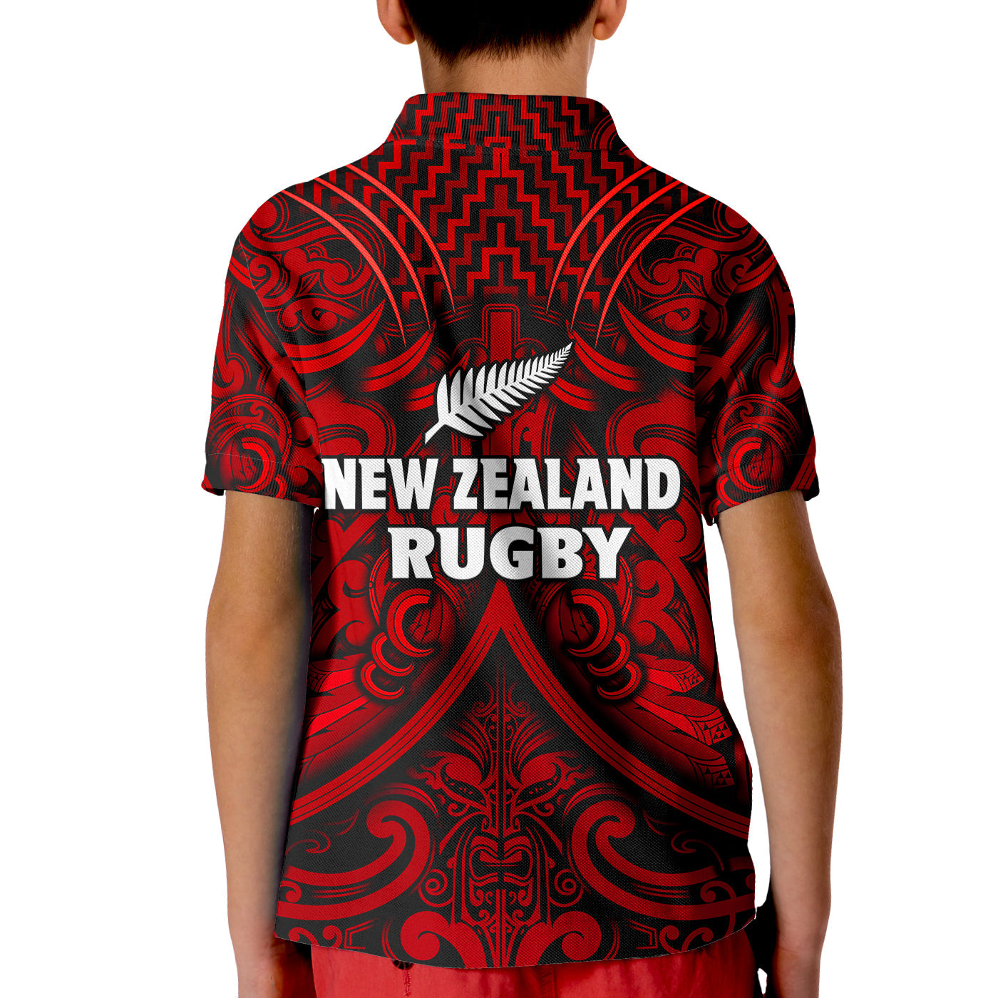 New Zealand Silver Fern Rugby Polo Shirt All Black Red NZ Maori Pattern LT13