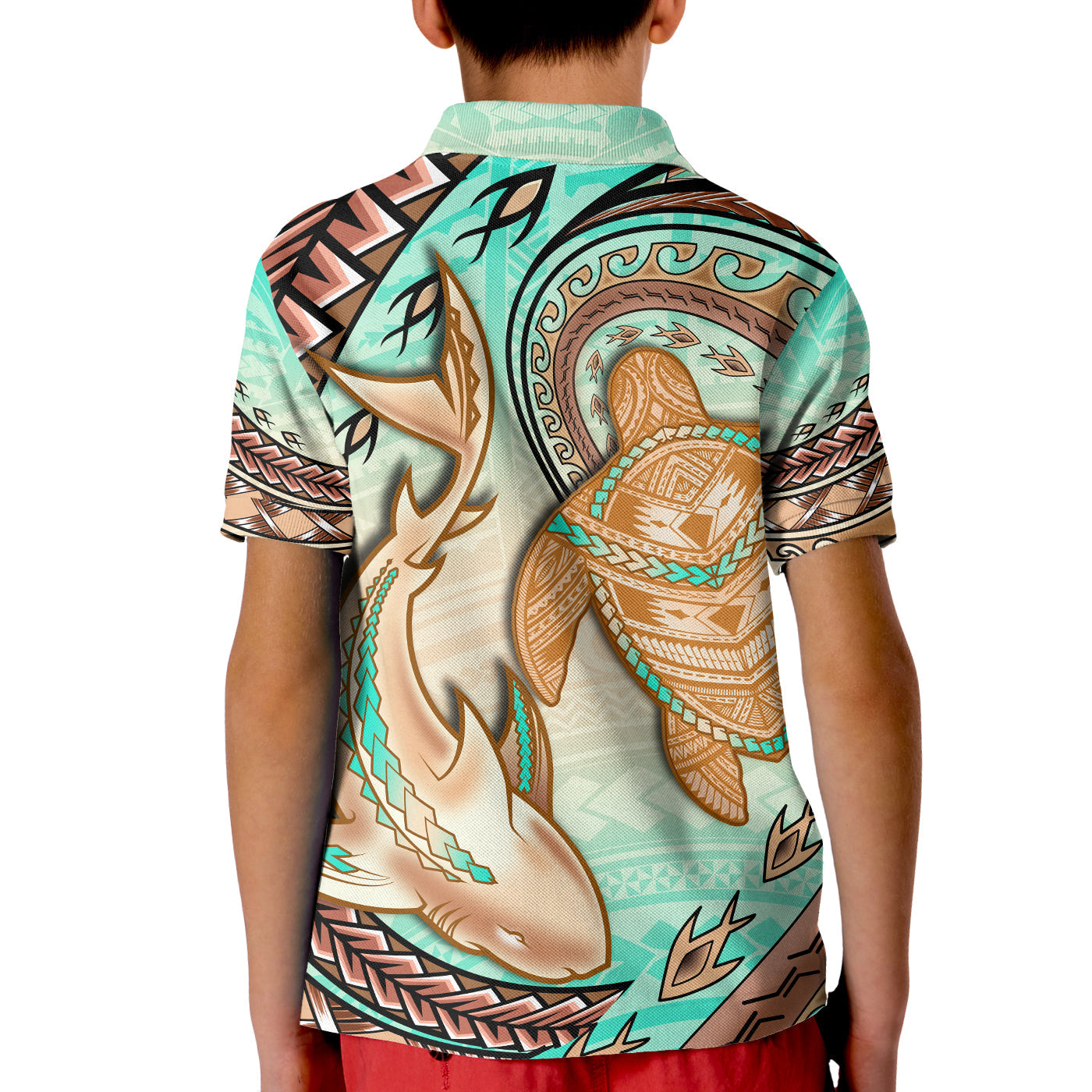 Hawaii Polo Shirt Polynesian Shark And Sea Turtle Dreamy Turquoise Artsy LT14