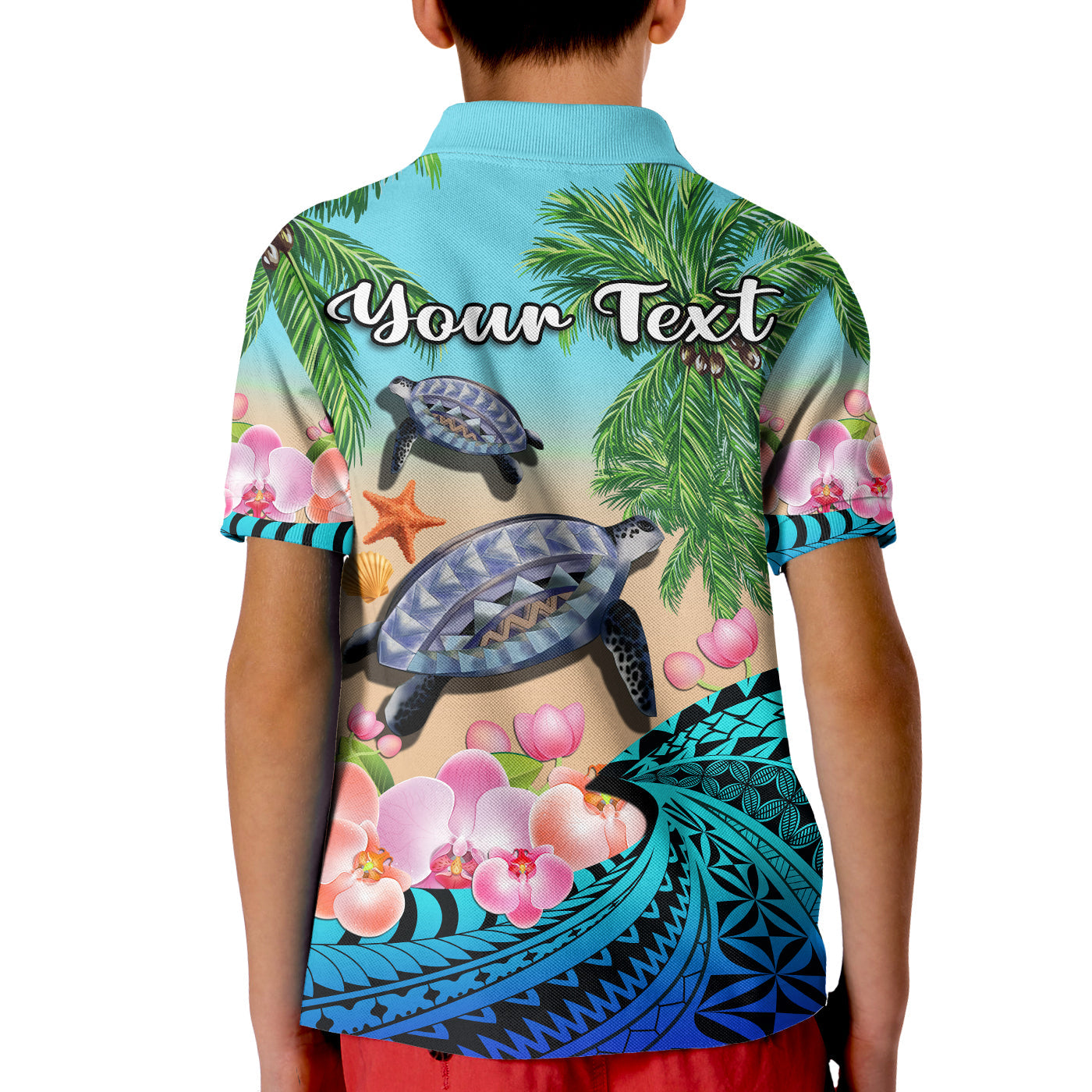 Custom Polynesian Turtle Coconut Tree And Orchids Polo Shirt LT14