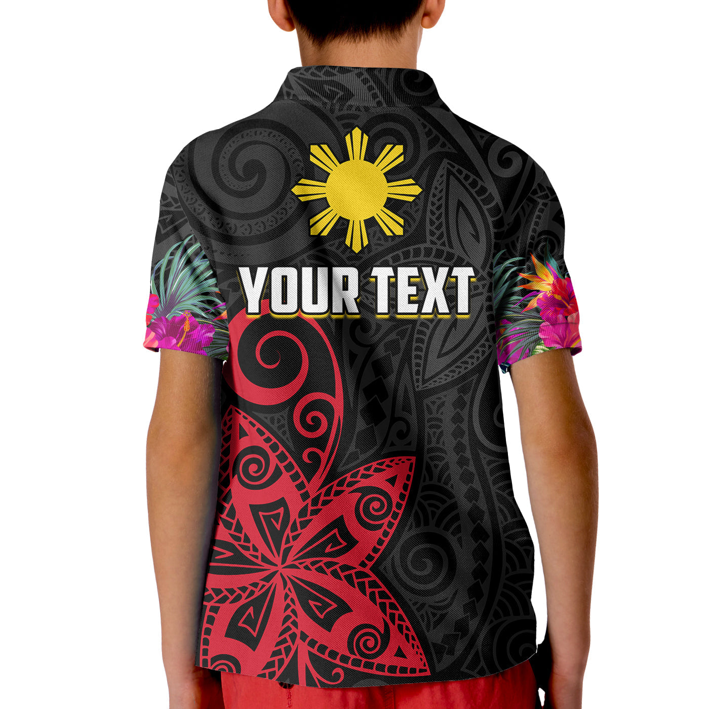Custom Philippines Polo Shirt Sun Filipino Polynesian mix Flowers Black Vibe LT13