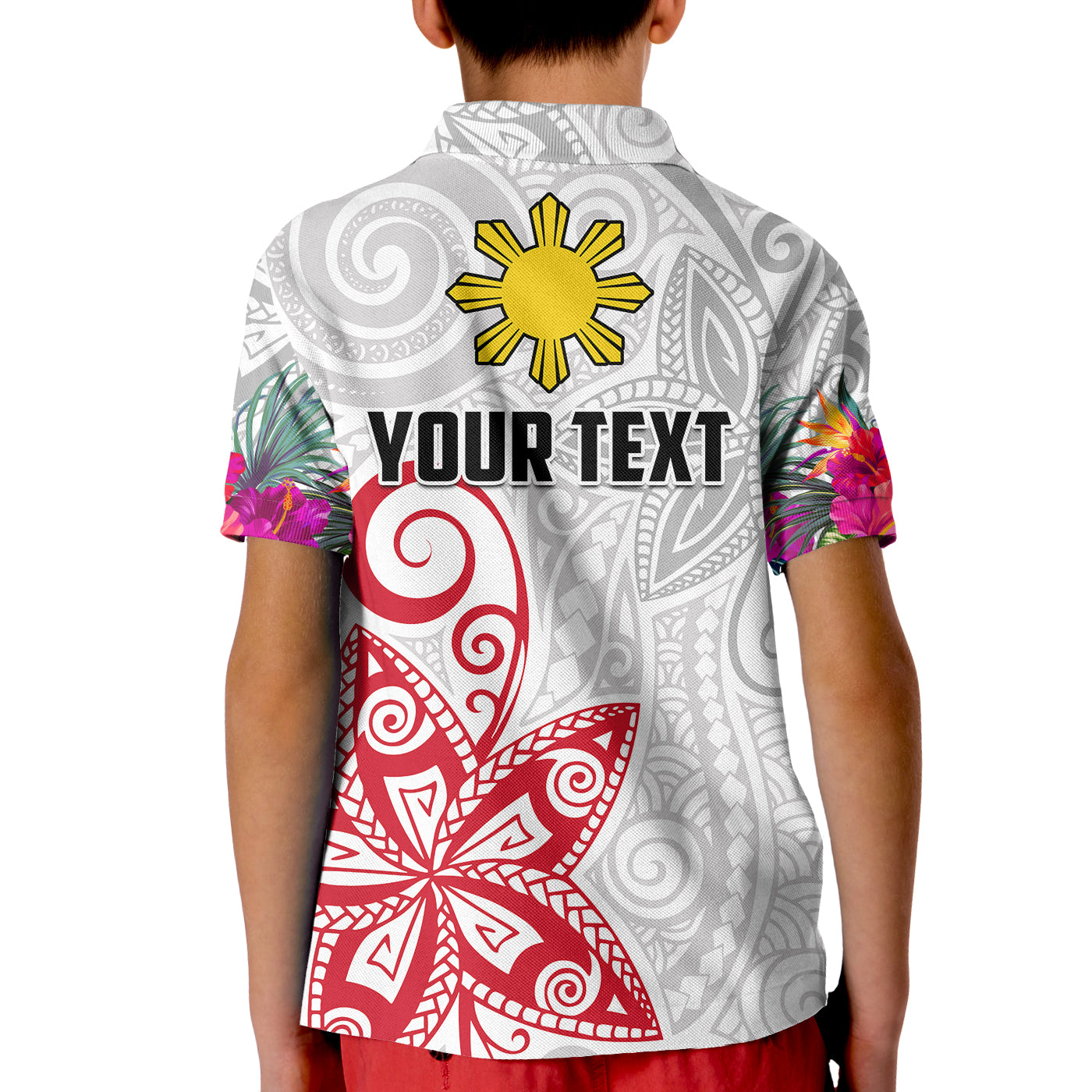 Custom Philippines Polo Shirt Sun Filipino Polynesian mix Flowers White Vibe LT13