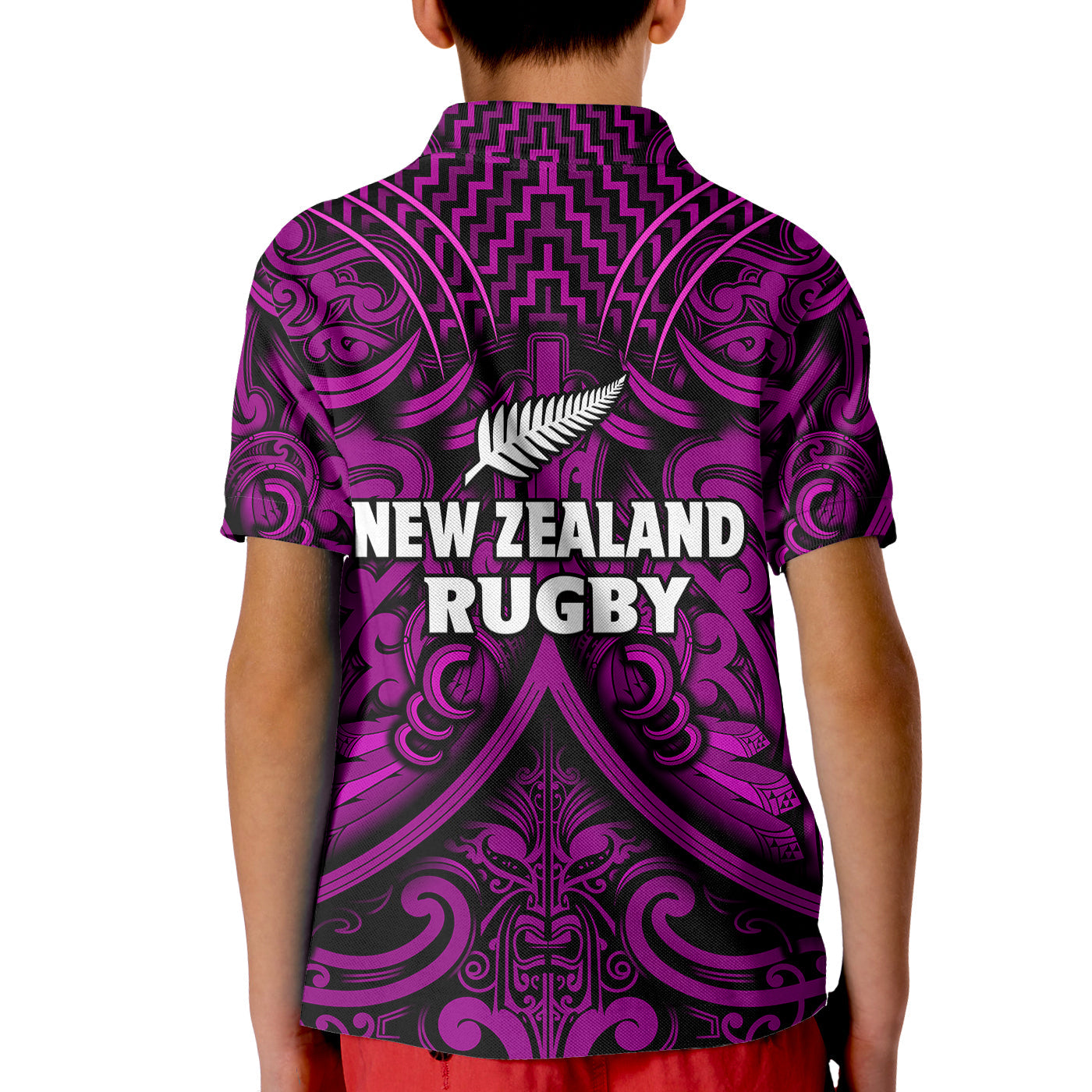 New Zealand Silver Fern Rugby Polo Shirt All Black Purple NZ Maori Pattern LT13