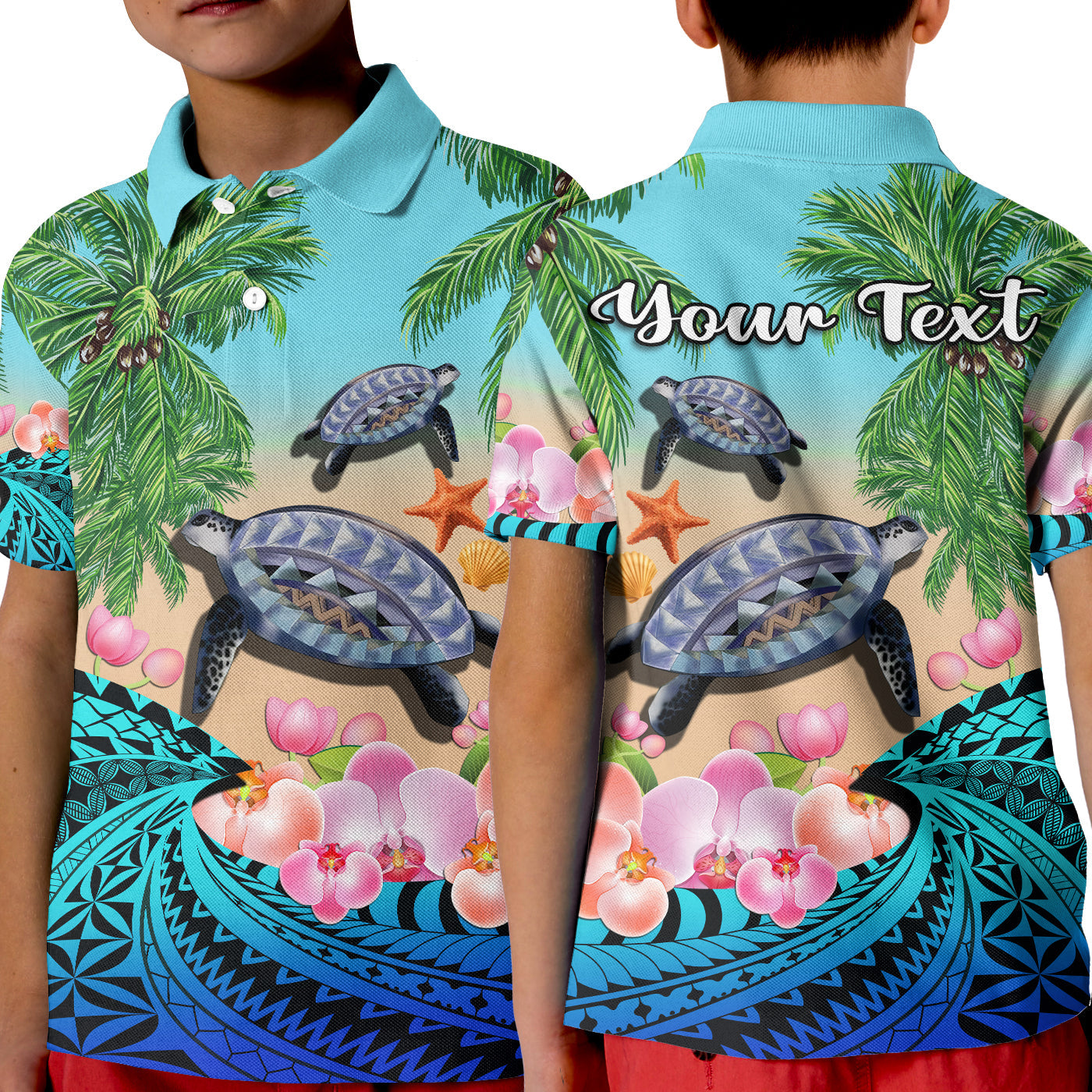 Custom Polynesian Turtle Coconut Tree And Orchids Polo Shirt LT14