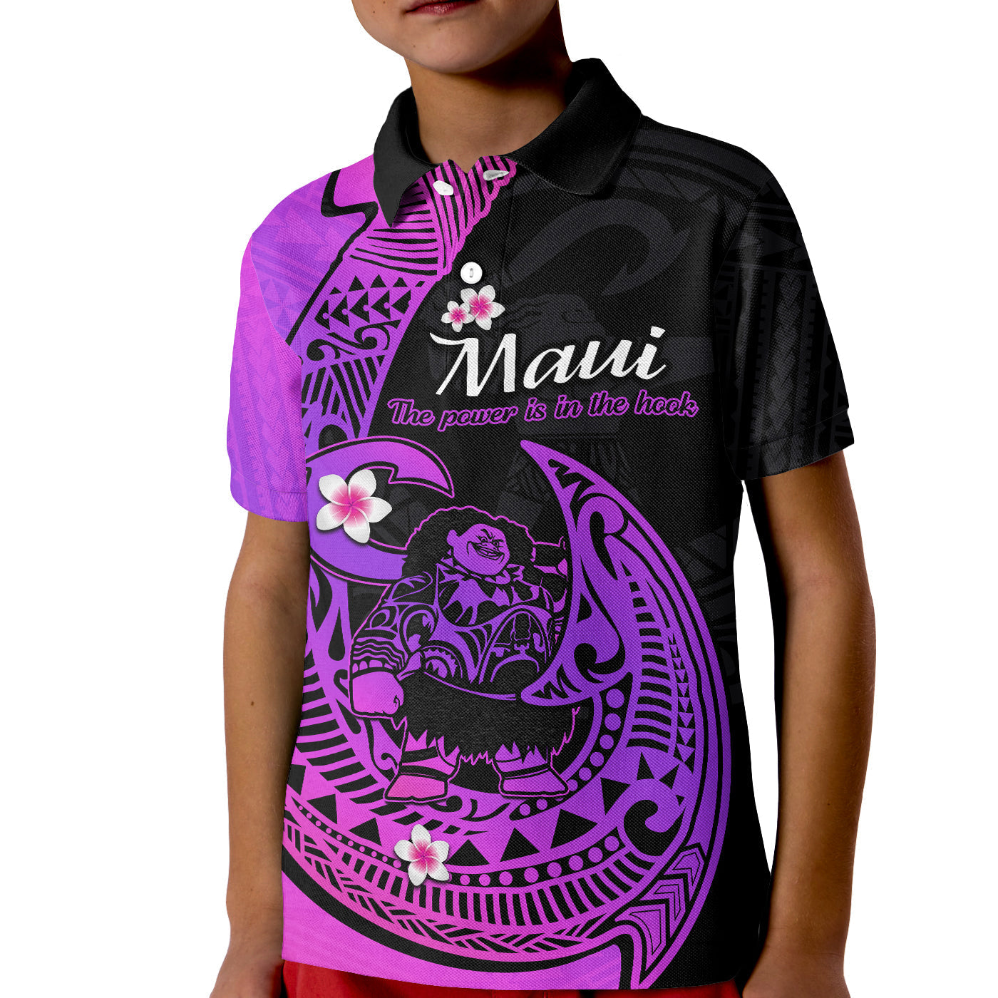 Custom Polynesian Polo Shirt Maui Fish Hook Magenta Gradient Version LT14