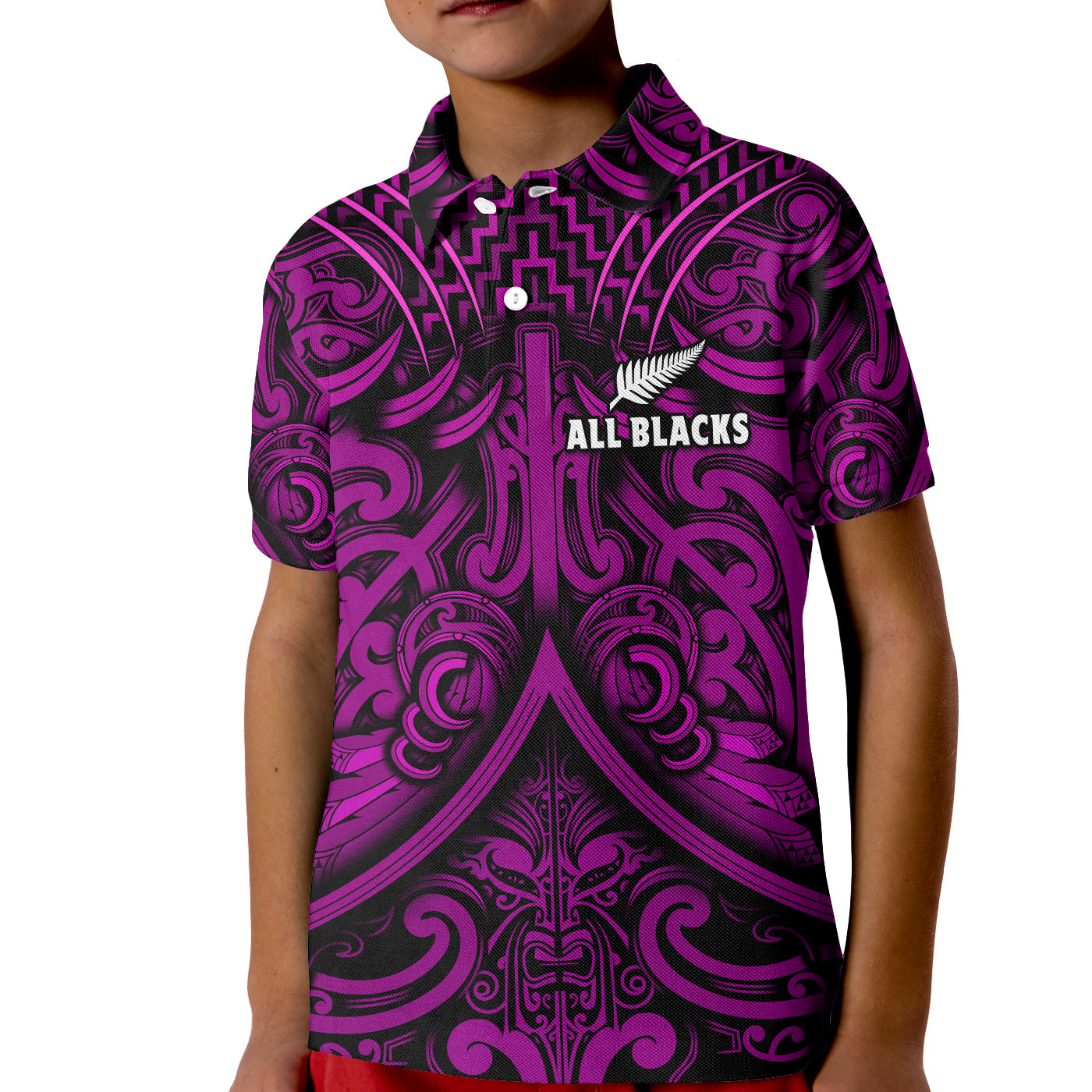 Custom Text and Number New Zealand Silver Fern Rugby Polo Shirt All Black Purple NZ Maori Pattern LT13