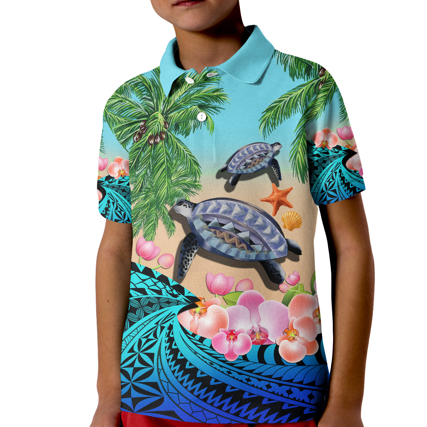 Custom Polynesian Turtle Coconut Tree And Orchids Polo Shirt LT14