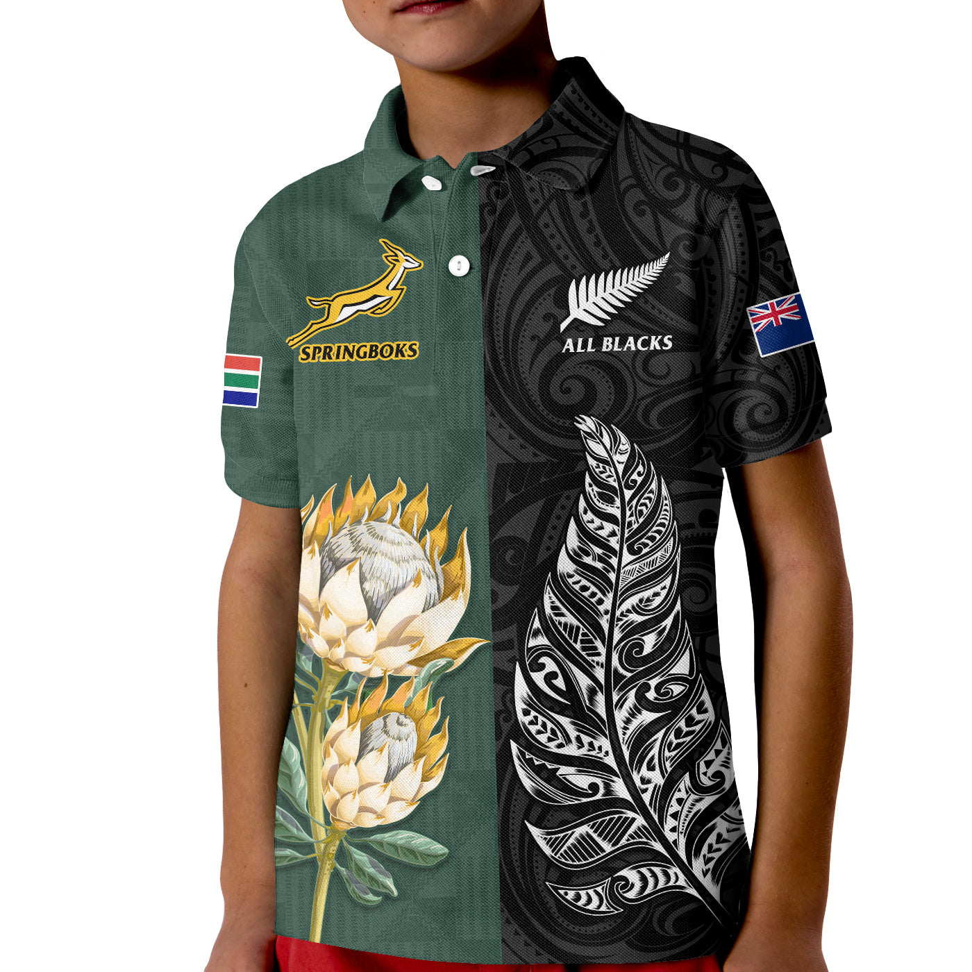 Custom Text and Number South Africa Protea and New Zealand Fern Polo Shirt Rugby Go Springboks vs All Black LT13