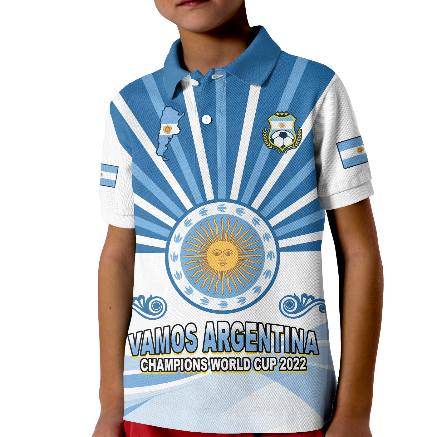 (Custom Text and Number) Argentina Football Polo Shirt The Sun WC2022 Soccer Vamos La Albiceleste LT13