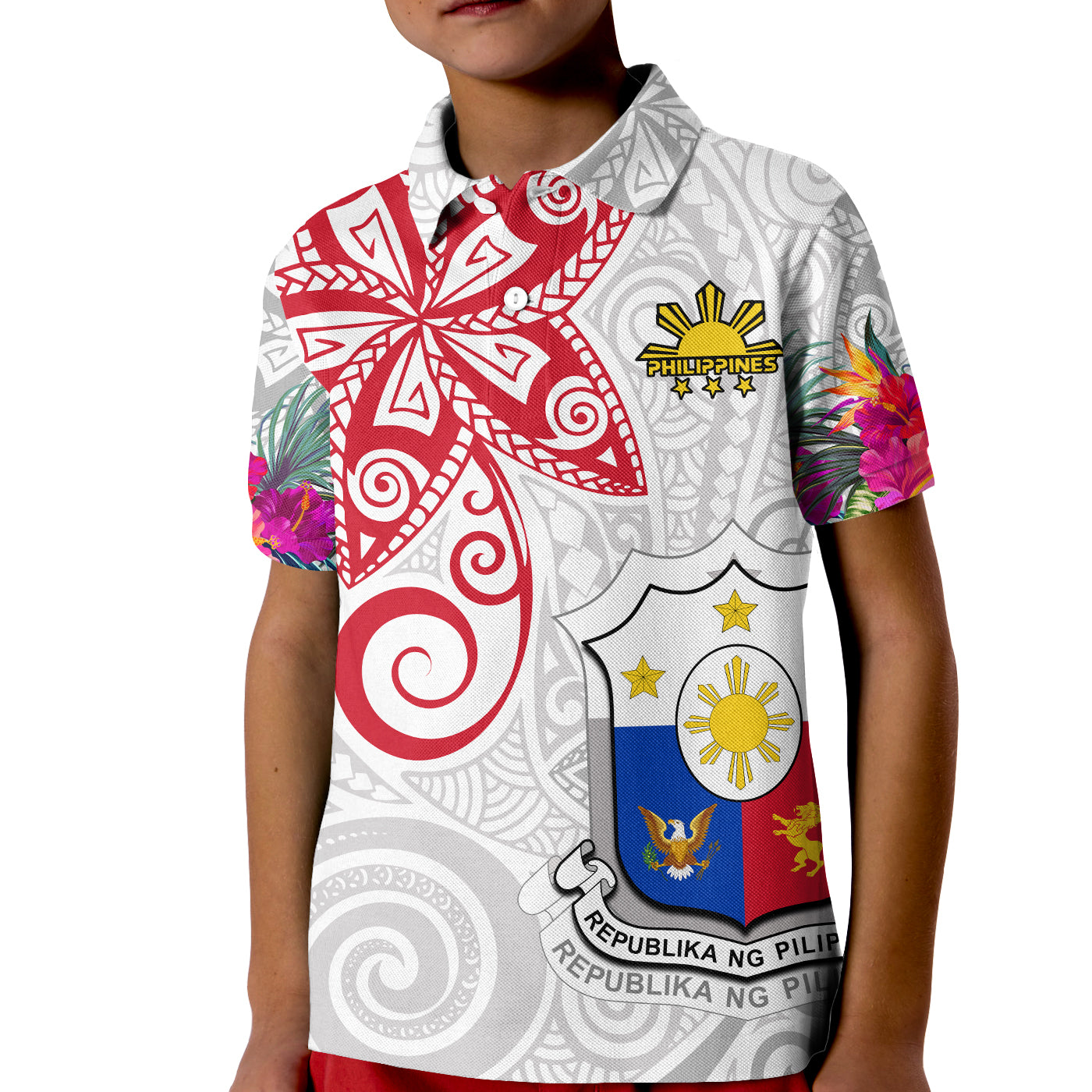 Custom Philippines Polo Shirt Sun Filipino Polynesian mix Flowers White Vibe LT13