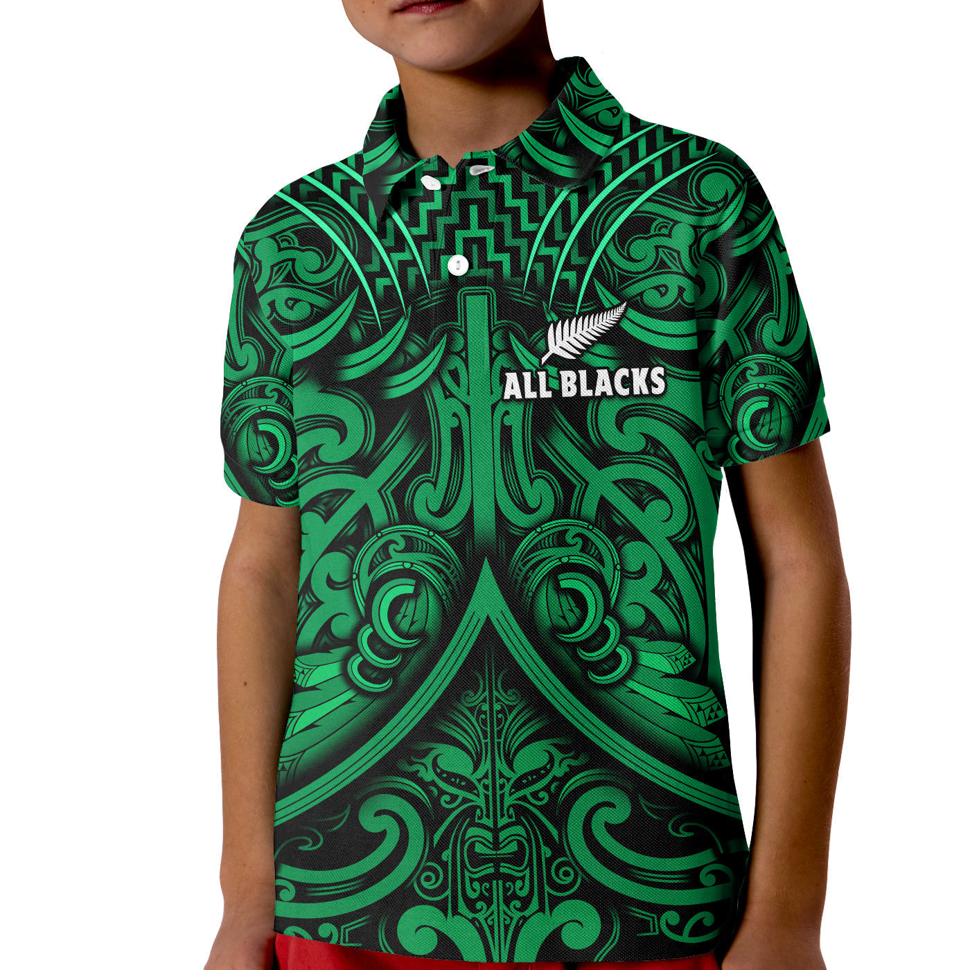 Custom Text and Number New Zealand Silver Fern Rugby Polo Shirt All Black Green NZ Maori Pattern LT13
