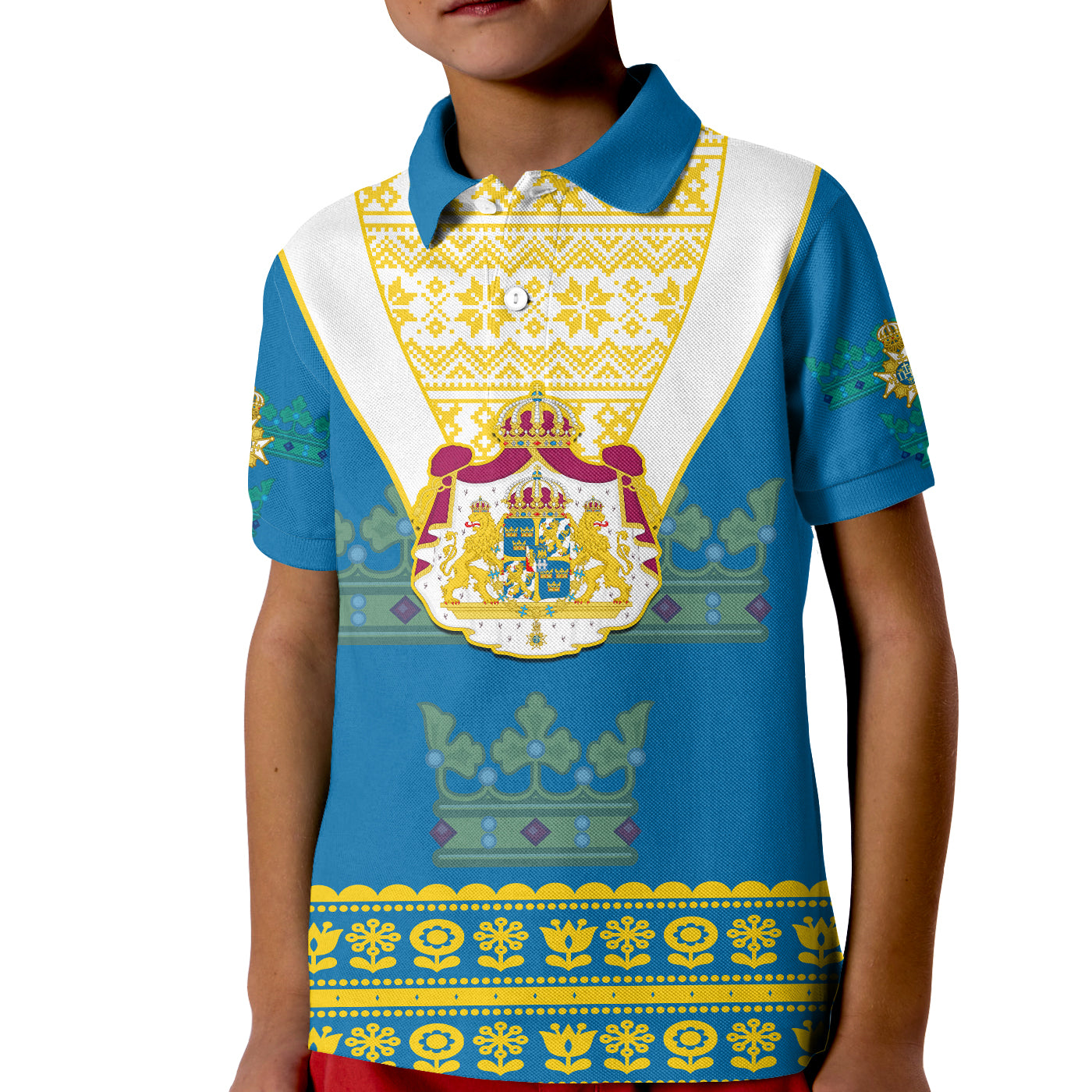 Sweden Polo Shirt Swedish Coat Of Arms With Scandinavian Flowers LT14