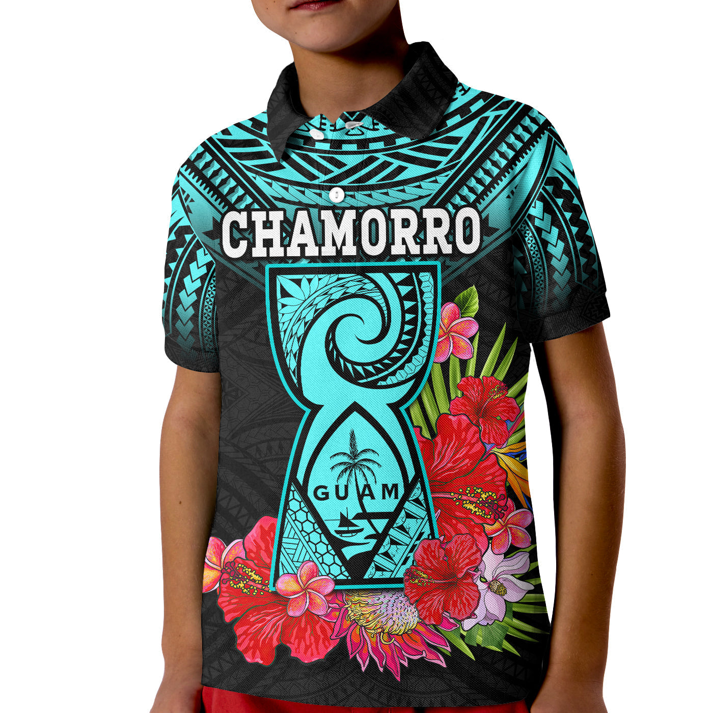 Custom Chamorro Guam Polo Shirt Guaman Latte Stone Tropical Flowers Turquoise Style LT14