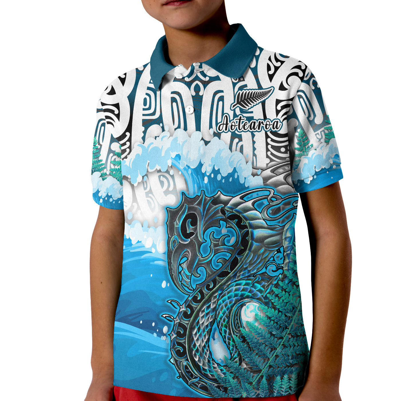 Custom Manaia Maori Polo Shirt Fern Aotearoa Blue Waves LT13