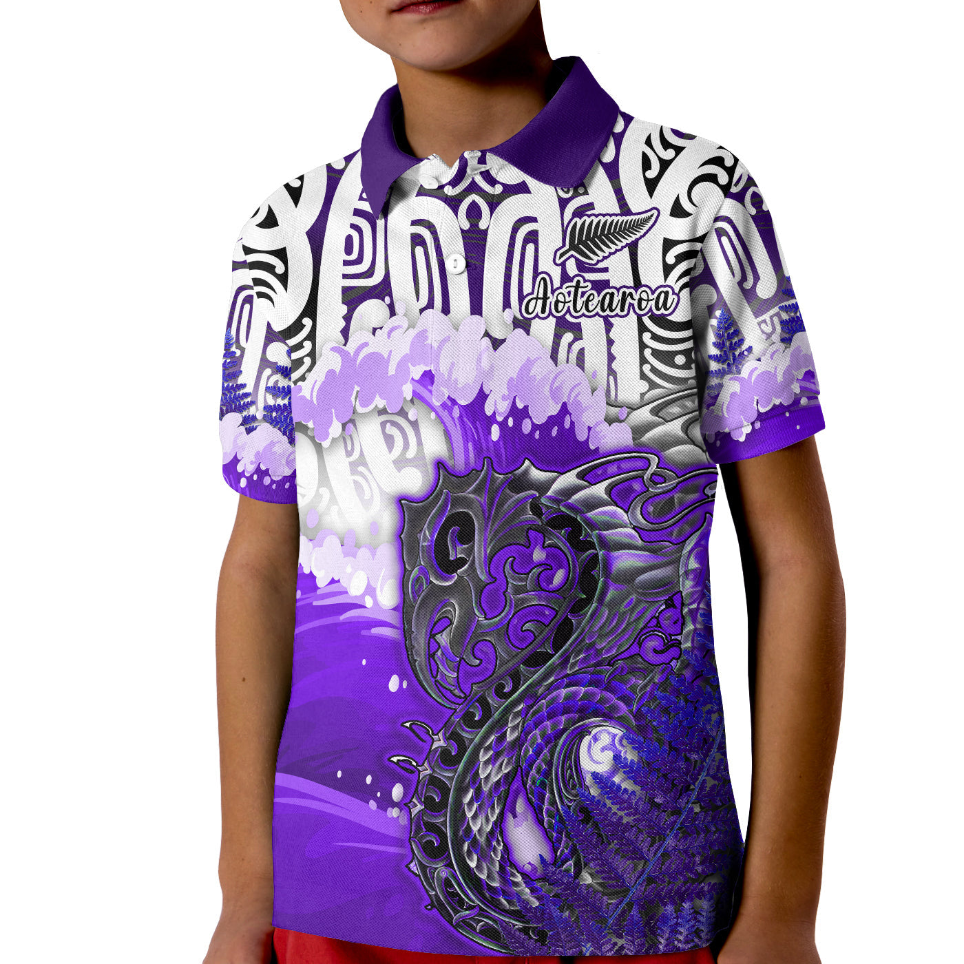 Custom Manaia Maori Polo Shirt Fern Aotearoa Purple Waves LT13