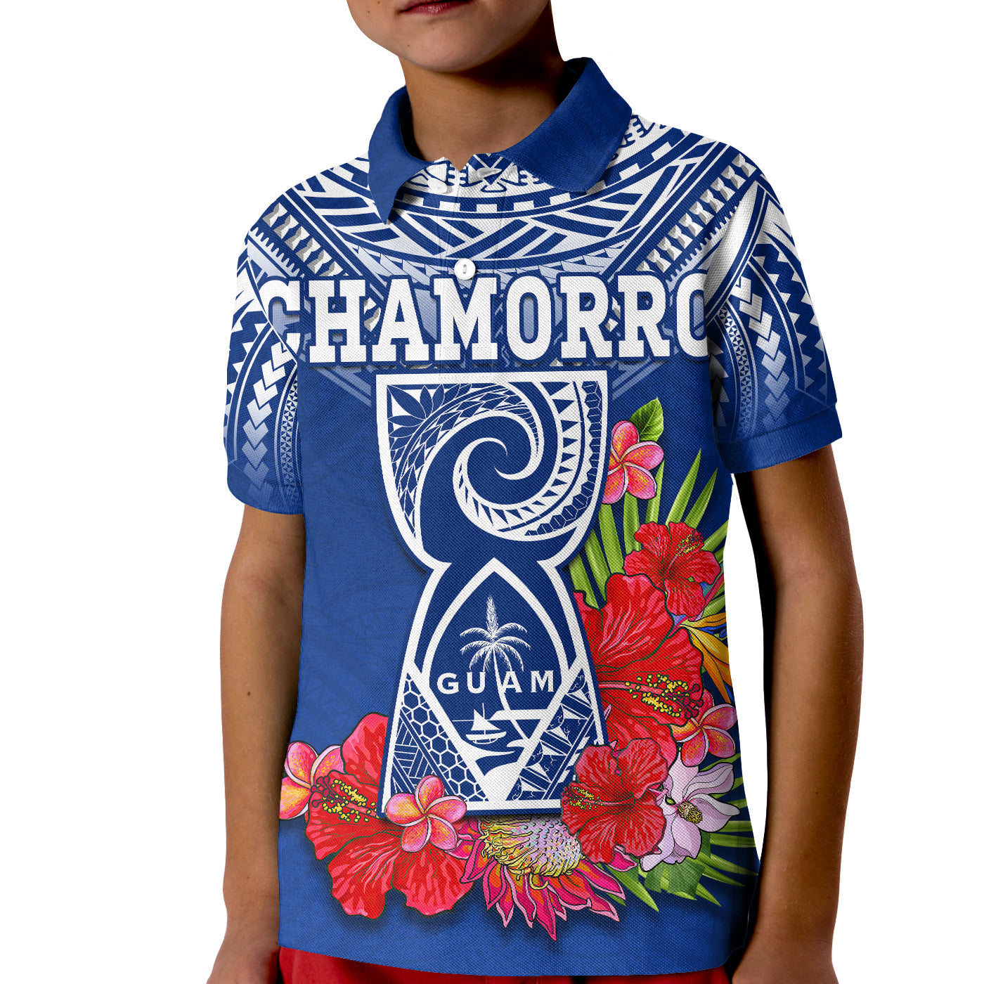 Custom Chamorro Guam Polo Shirt Guaman Latte Stone Tropical Flowers Blue Version LT14