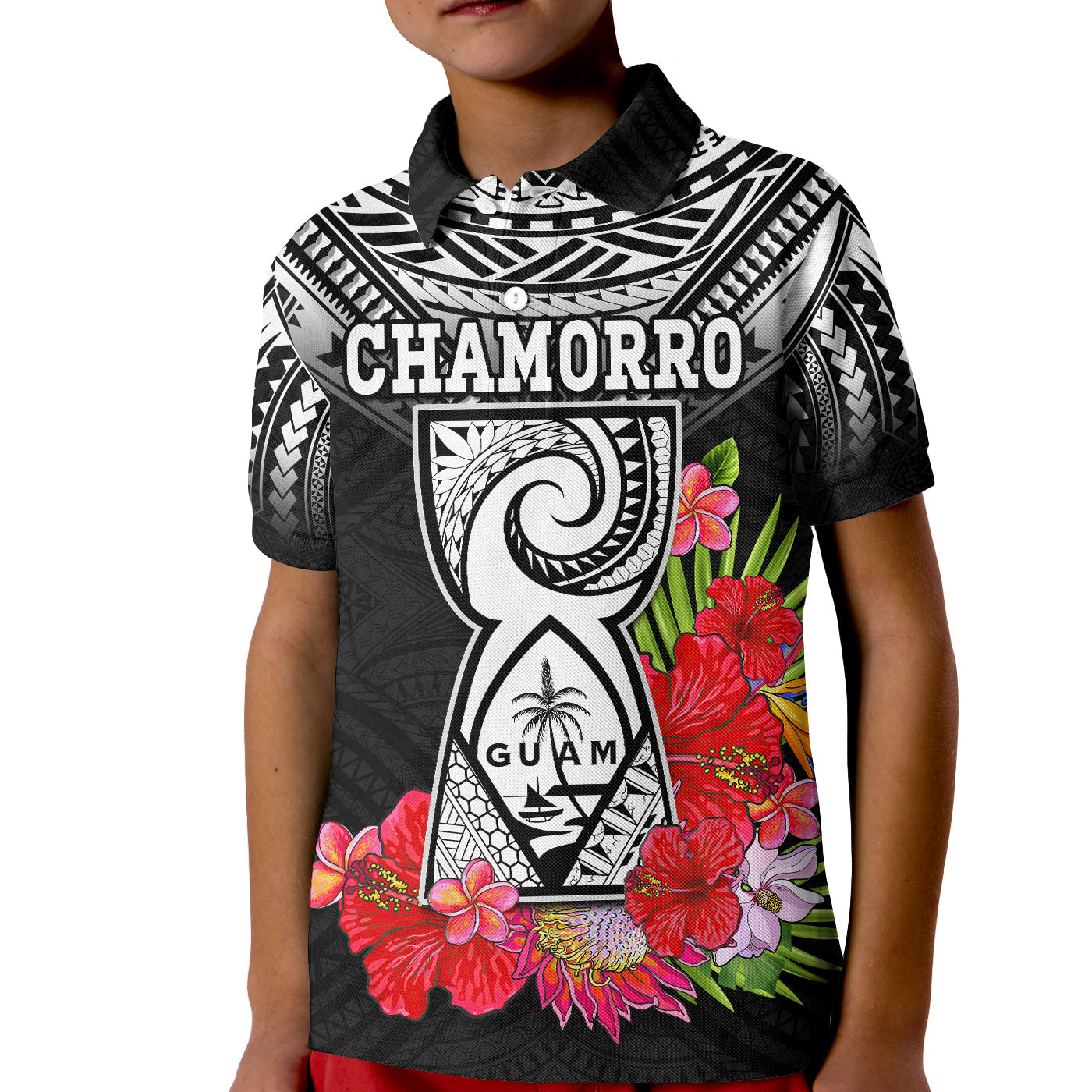 Custom Chamorro Guam Polo Shirt Guaman Latte Stone Tropical Flowers Black Style LT14