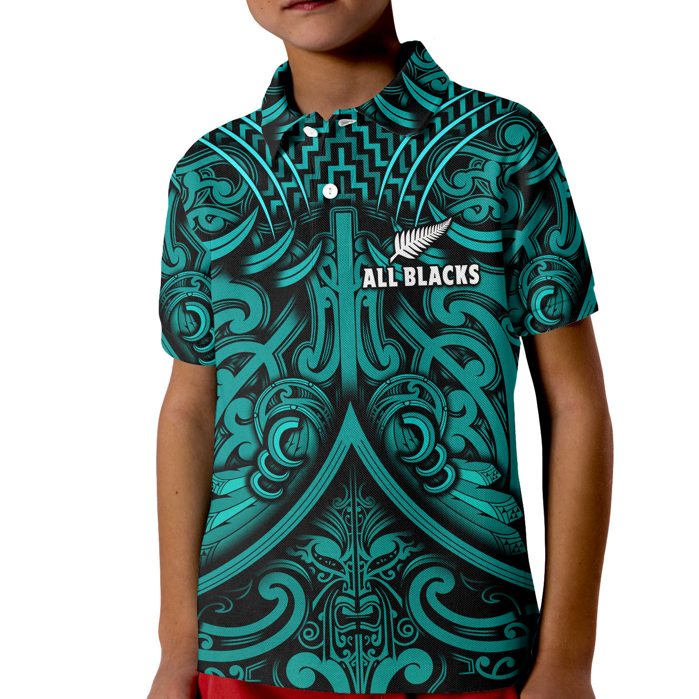 Custom Text and Number New Zealand Silver Fern Rugby Polo Shirt All Black Turquoise NZ Maori Pattern LT13