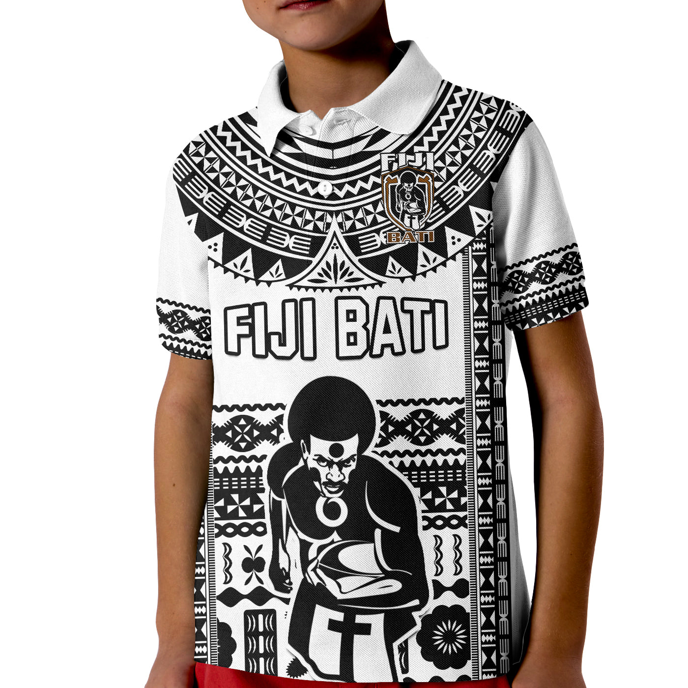 Custom Text And Number Fiji Rugby Polo Shirt KID Pacific The Bati Black Fijian Tapa LT14