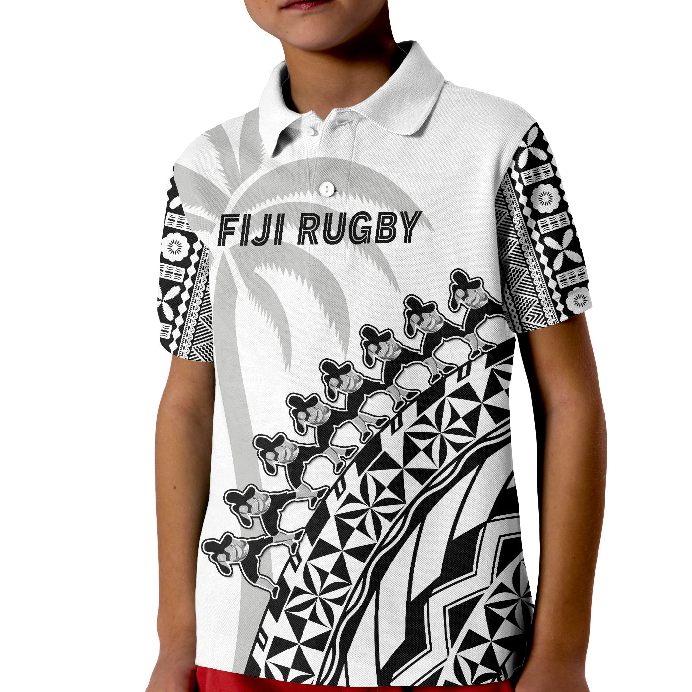 Fiji Rugby Polo Shirt Fijian Cibi Dance Tapa Pattern White LT14