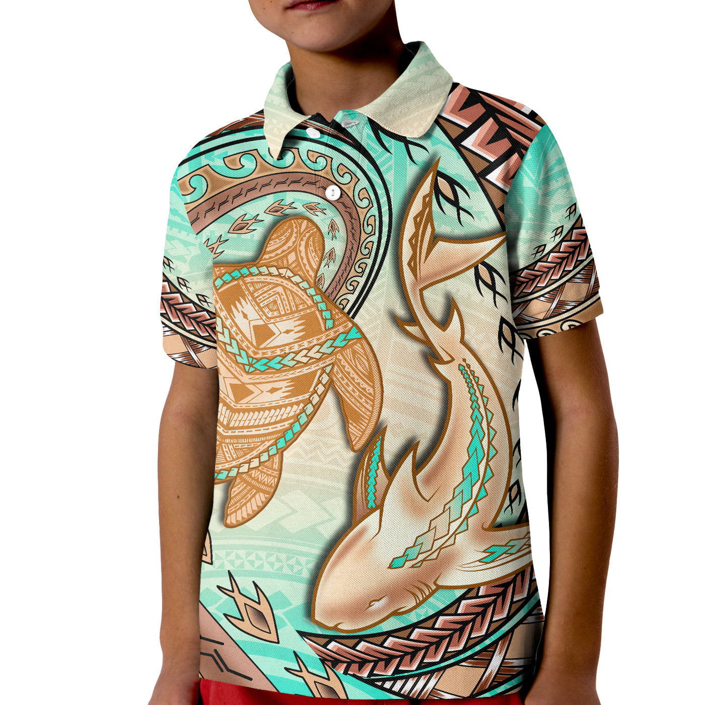 Hawaii Polo Shirt Polynesian Shark And Sea Turtle Dreamy Turquoise Artsy LT14