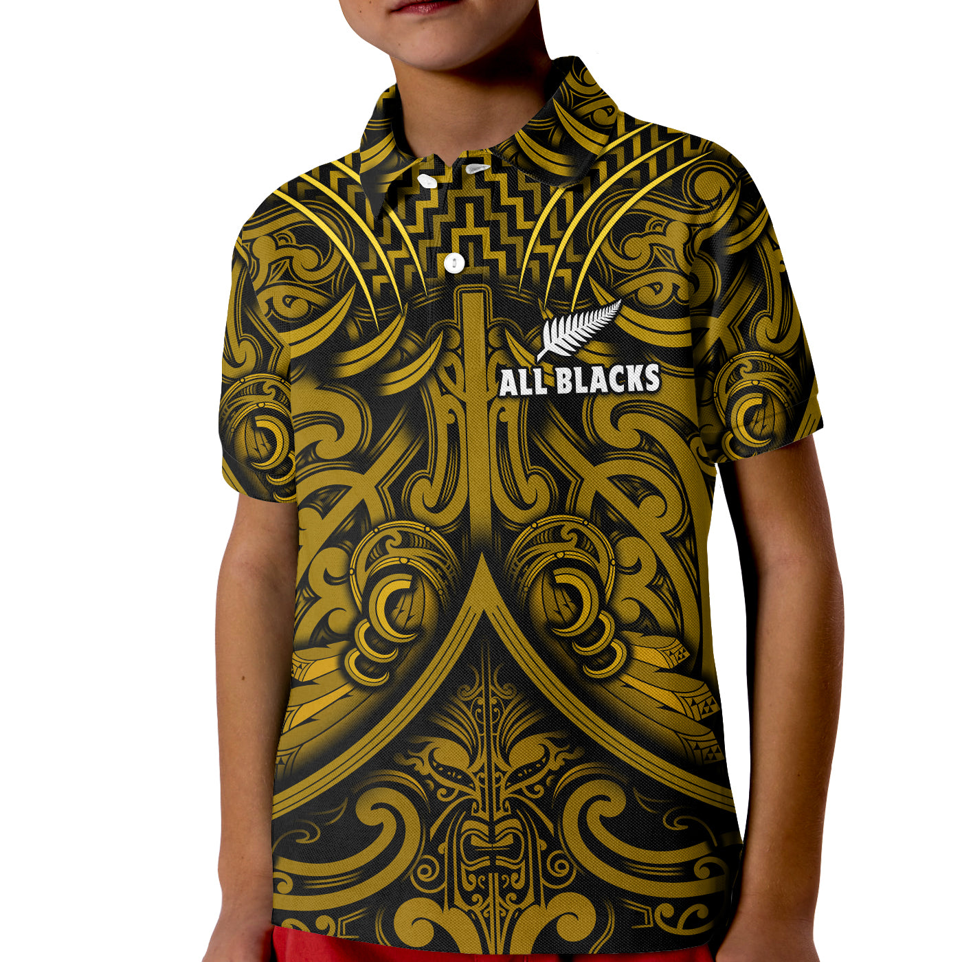 New Zealand Silver Fern Rugby Polo Shirt All Black Gold NZ Maori Pattern LT13