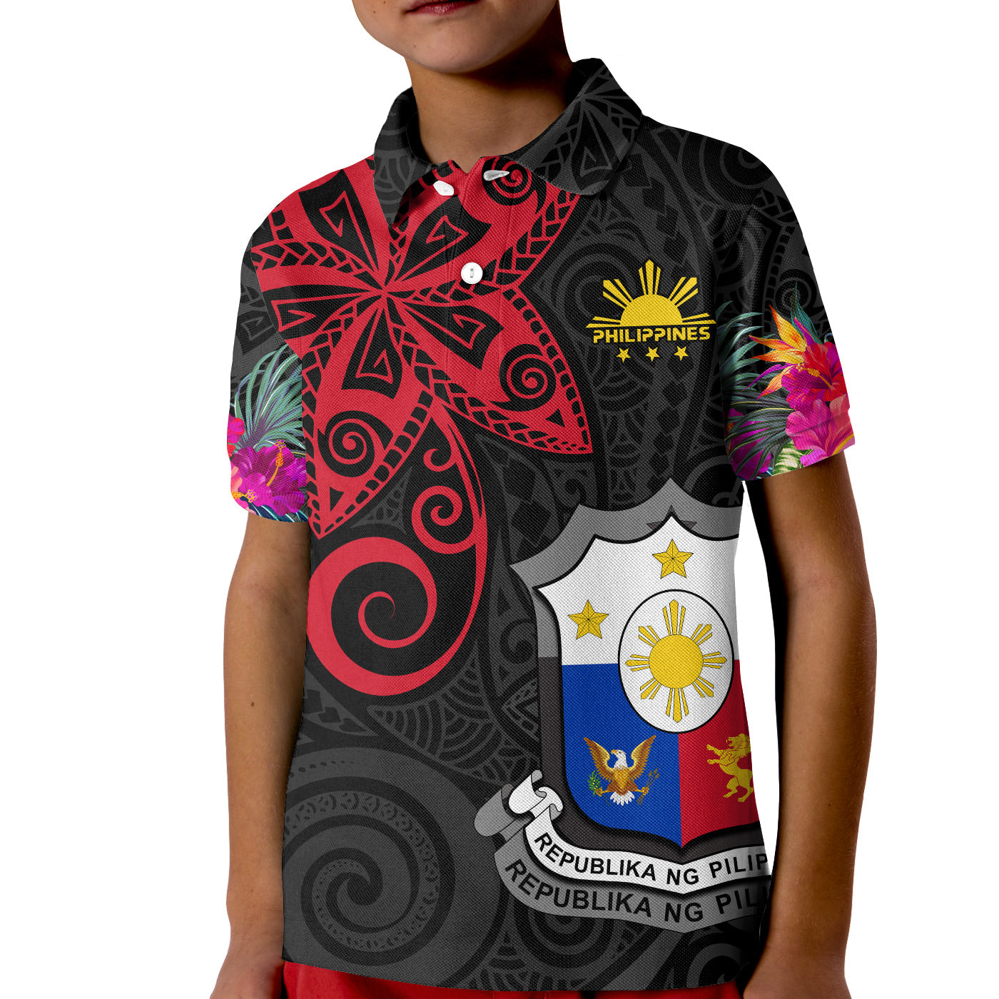 Custom Philippines Polo Shirt Sun Filipino Polynesian mix Flowers Black Vibe LT13