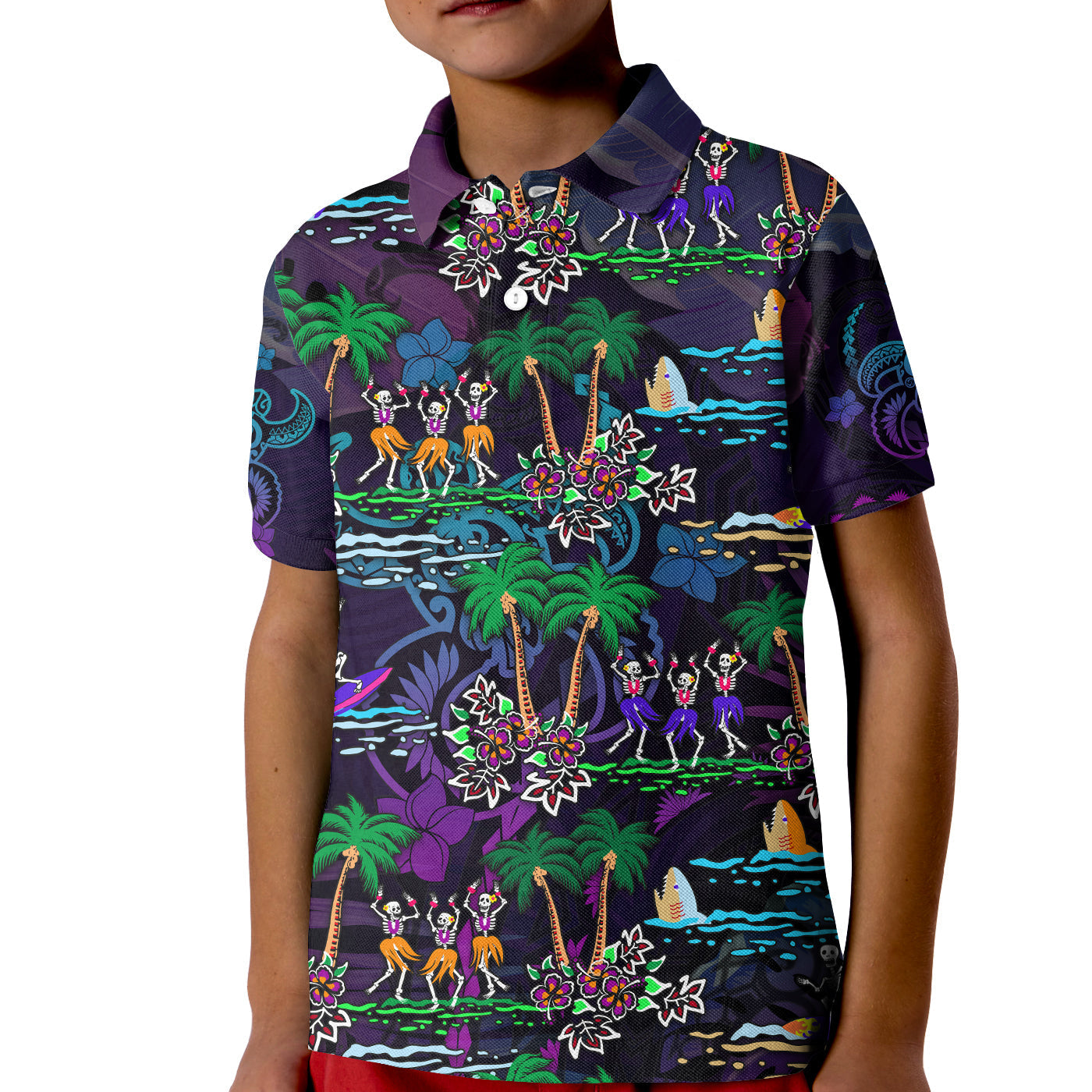 Custom Hawaii Skeleton Dancing Polo Shirt Halloween Hawaiian Turtle LT13