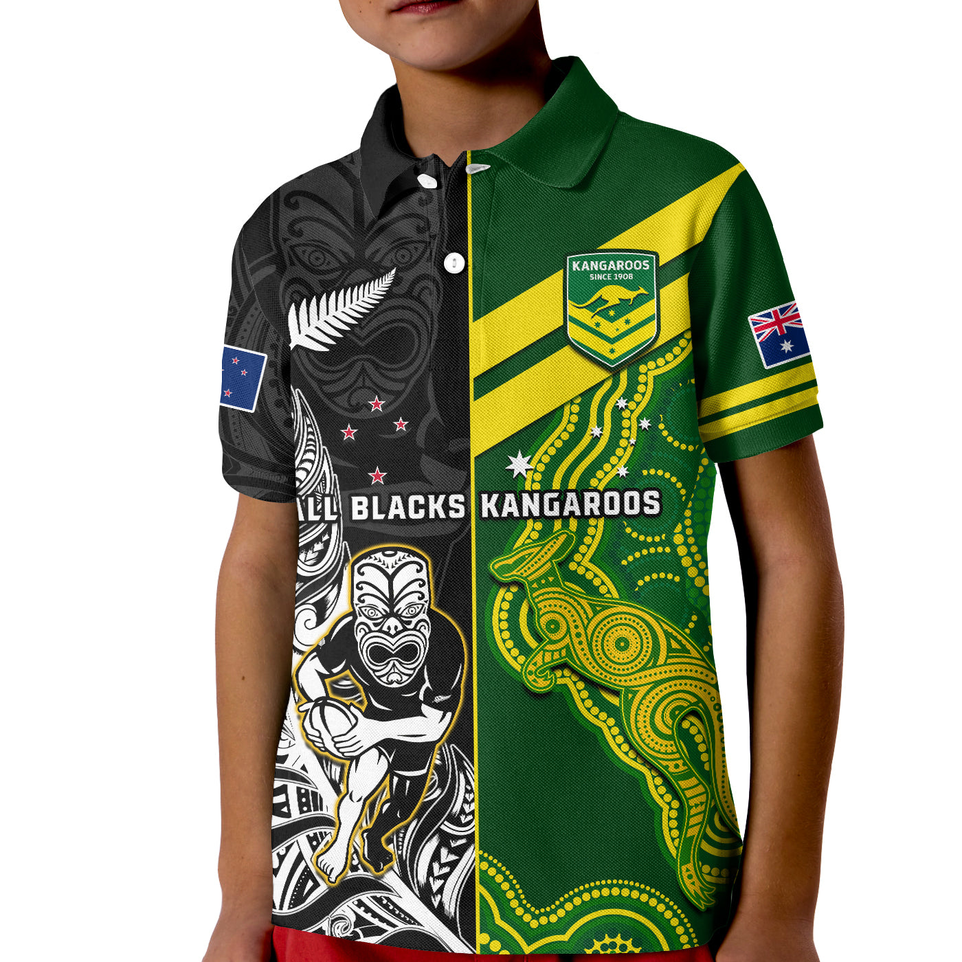 Custom Australia Kangaroos And All Black Rugby Polo Shirt Aboriginal Mix NZ Maori Fern LT14