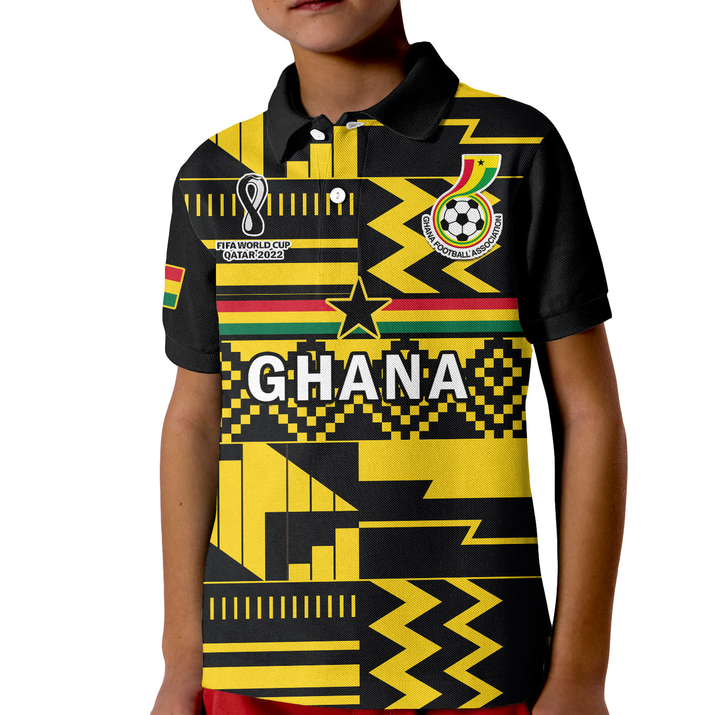 (Custom Text And Number) Ghana Football Polo Shirt Black Stars Kente Football 2022 Yellow LT14