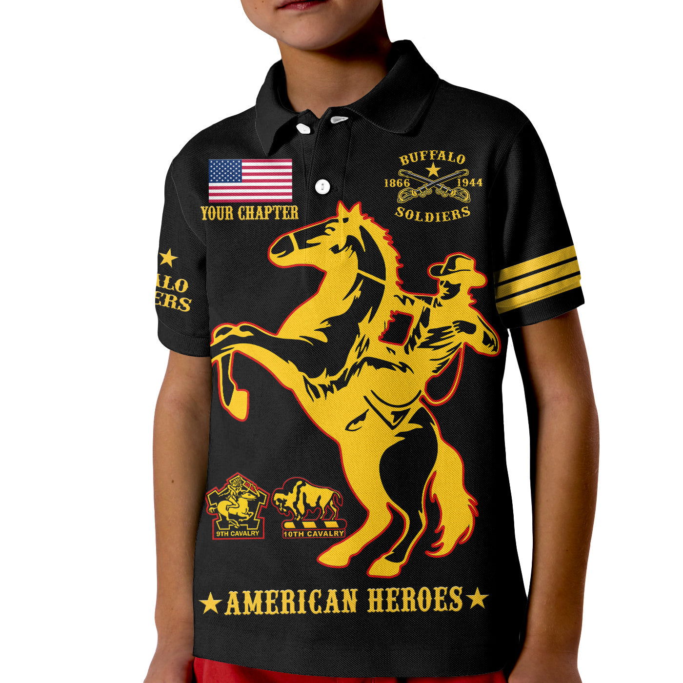 (Custom Text And Chapter) Buffalo Soldiers Polo Shirt BSMC United States Army Black LT14