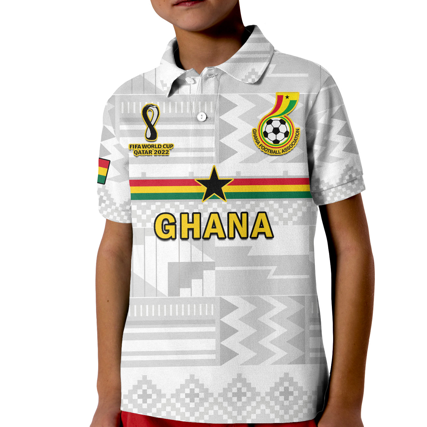(Custom Text And Number) Ghana Football Polo Shirt Black Stars Kente Football 2022 White LT14