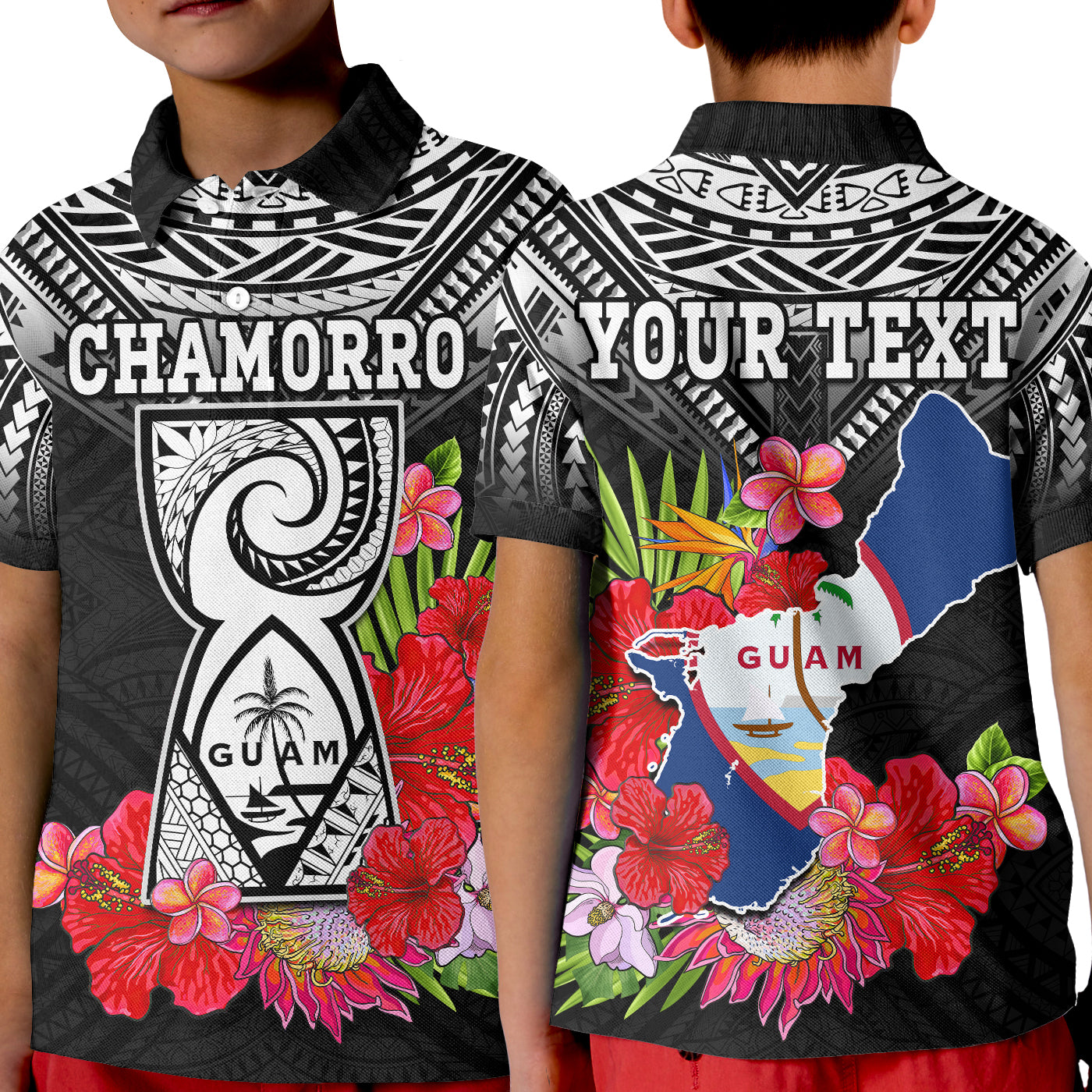 Custom Chamorro Guam Polo Shirt Guaman Latte Stone Tropical Flowers Black Style LT14