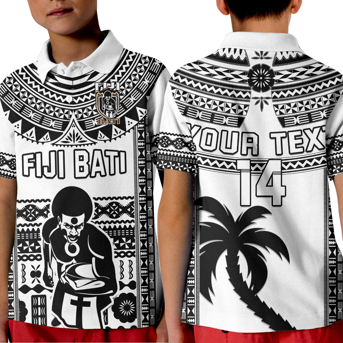 Custom Text And Number Fiji Rugby Polo Shirt KID Pacific The Bati Black Fijian Tapa LT14