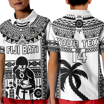Custom Text And Number Fiji Rugby Polo Shirt KID Pacific The Bati Black Fijian Tapa LT14