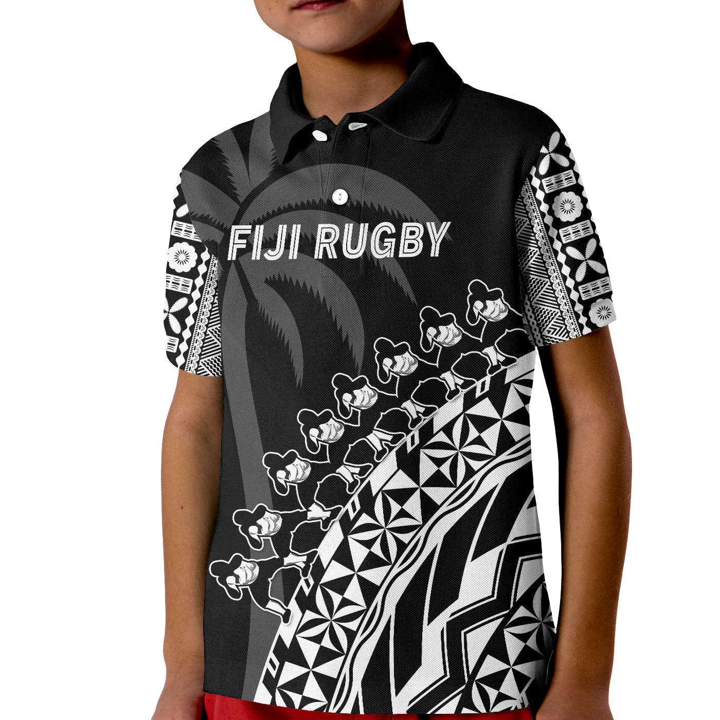 Custom Text And Number Fiji Rugby Polo Shirt Fijian Cibi Dance Tapa Pattern Black LT14